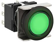 Zielony przycisk na czarnej podstawie, zamocowany z boku za pomocą metalowych uchwytów; często używany jako przełącznik lub wskaźnik.