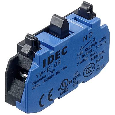 Niebieski elektryczny przełącznik IDEC, model YW-E10R, z certyfikatem UL. Wskazówki podłączeniowe i specyfikacje techniczne są nadrukowane.