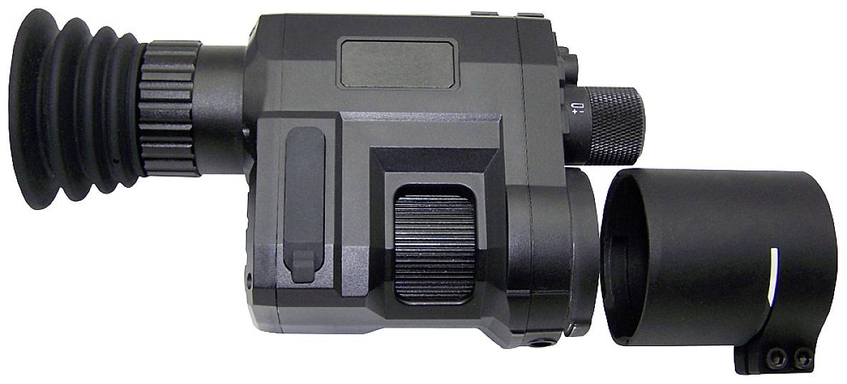 Urządzenie nocne z zdejmowaną nakładką obiektywu, wytrzymała konstrukcja, pokrętła do regulacji ostrości i ustawień obrazu.