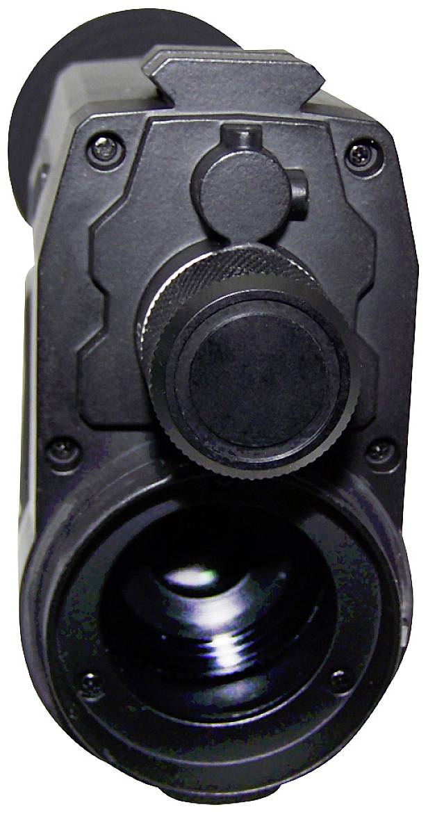 Urządzenie noktowizyjne, widok z przodu, pokazujące obiektyw i okular. Używane do obserwacji w ciemności.