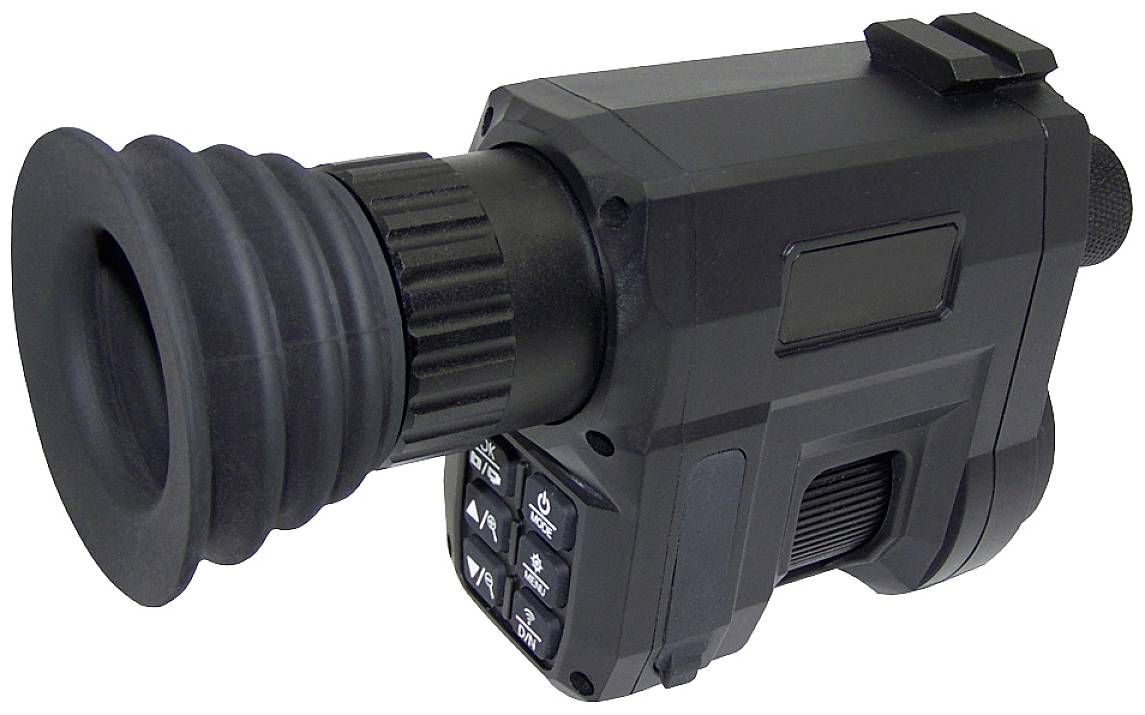 Elektroniczne urządzenie noktowizyjne z okularem i przyciskami do regulacji. Służy poprawie widzenia w ciemności.