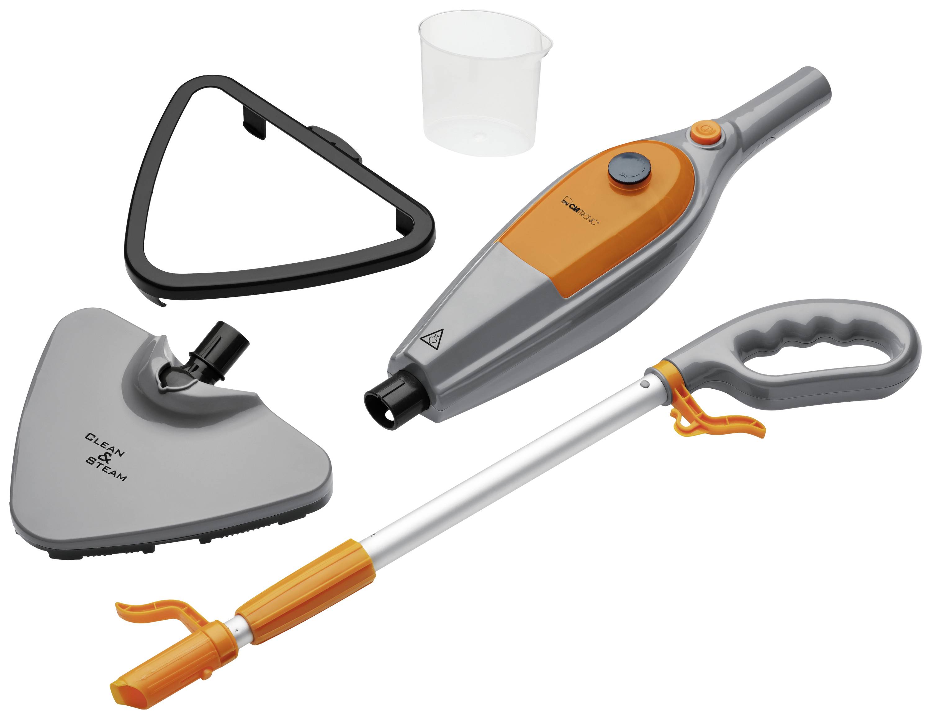 Czyścik parowy z wyjmowanym zbiornikiem wody, trójkątną głowicą mopa, uchwytem i miarką do czyszczenia.