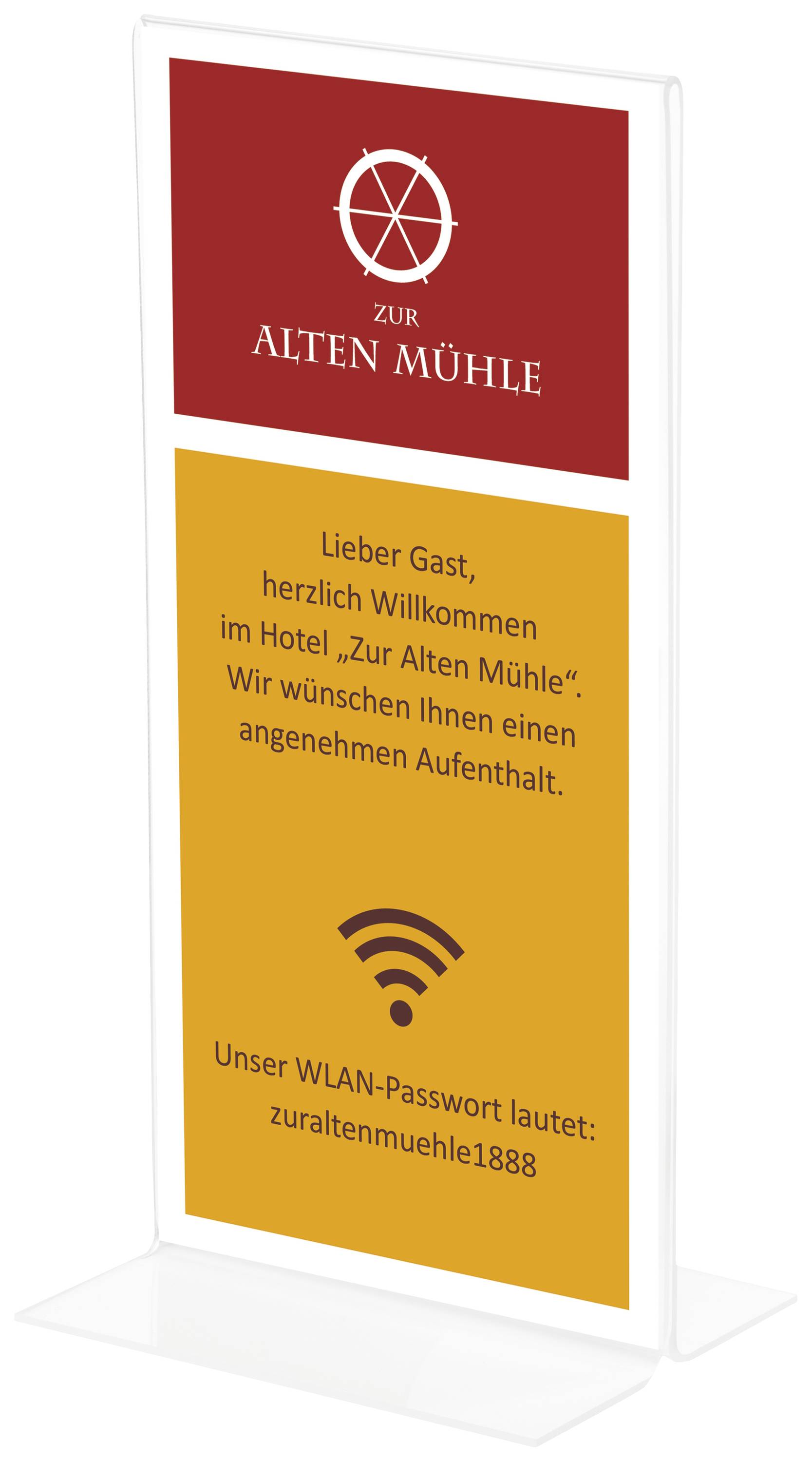 Stoisko informacyjne w hotelu 'Stary Młyn' wita gości. Hasło Wi-Fi: staromlyn1888. Na górze logo z symbolem wiatraka.