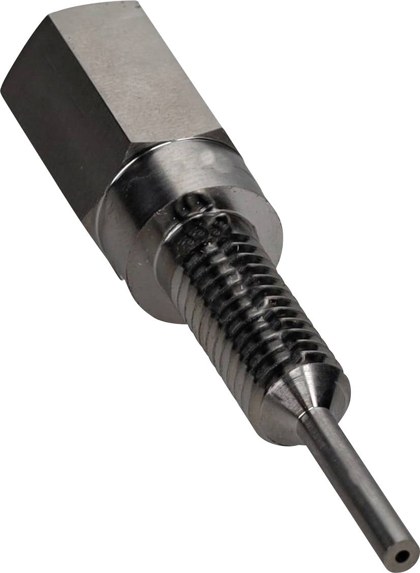 Metalowy element przemysłowy z sześciokątną górną częścią i gwintowanym środkowym odcinkiem, kończący się cienkim cylindrycznym prętem.