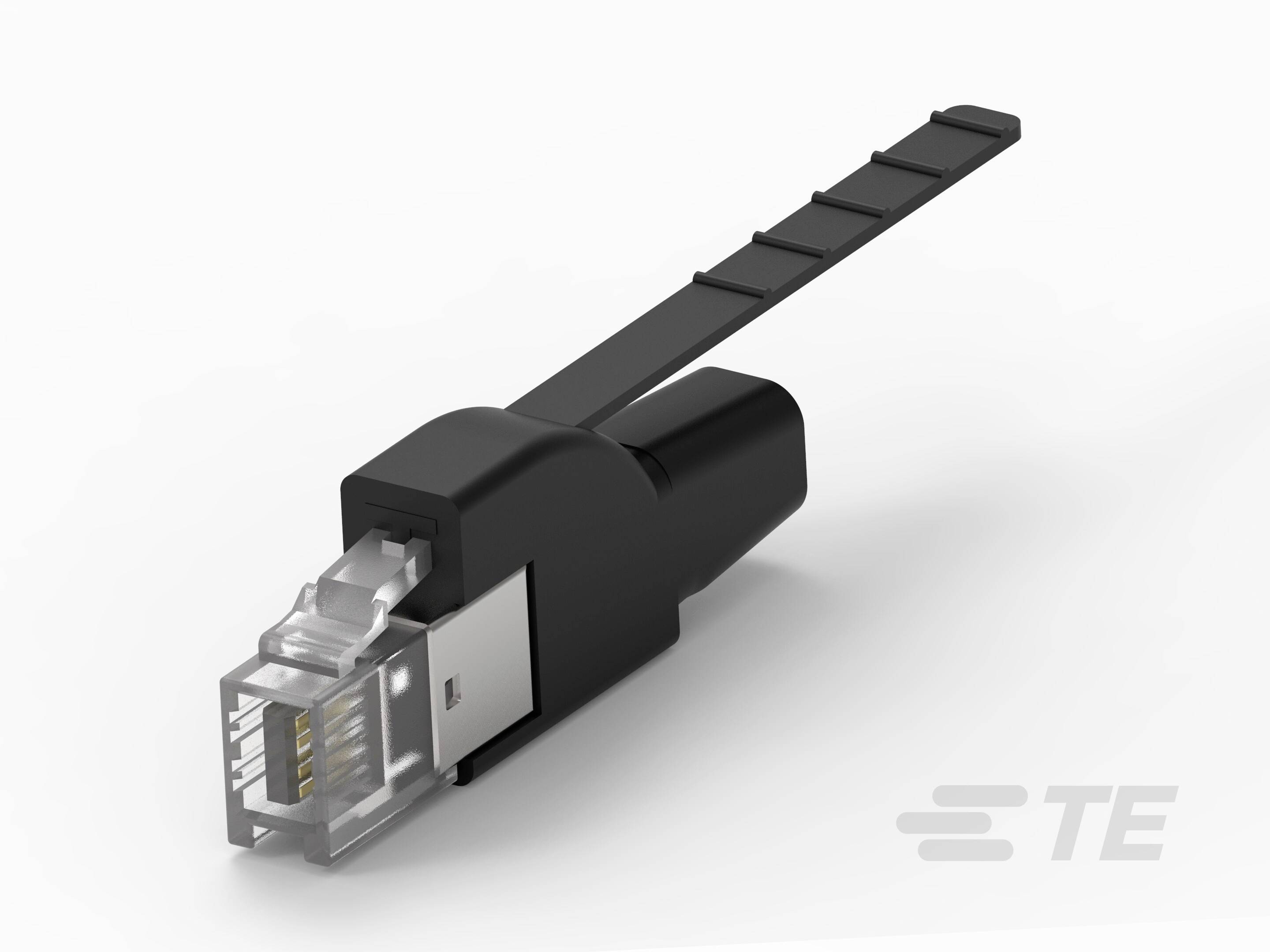 Czarna osłona złącza RJ45 z mechanizmem ochronnym dla kabli sieciowych. Chroni wtyczkę przed uszkodzeniami i odkształceniami.