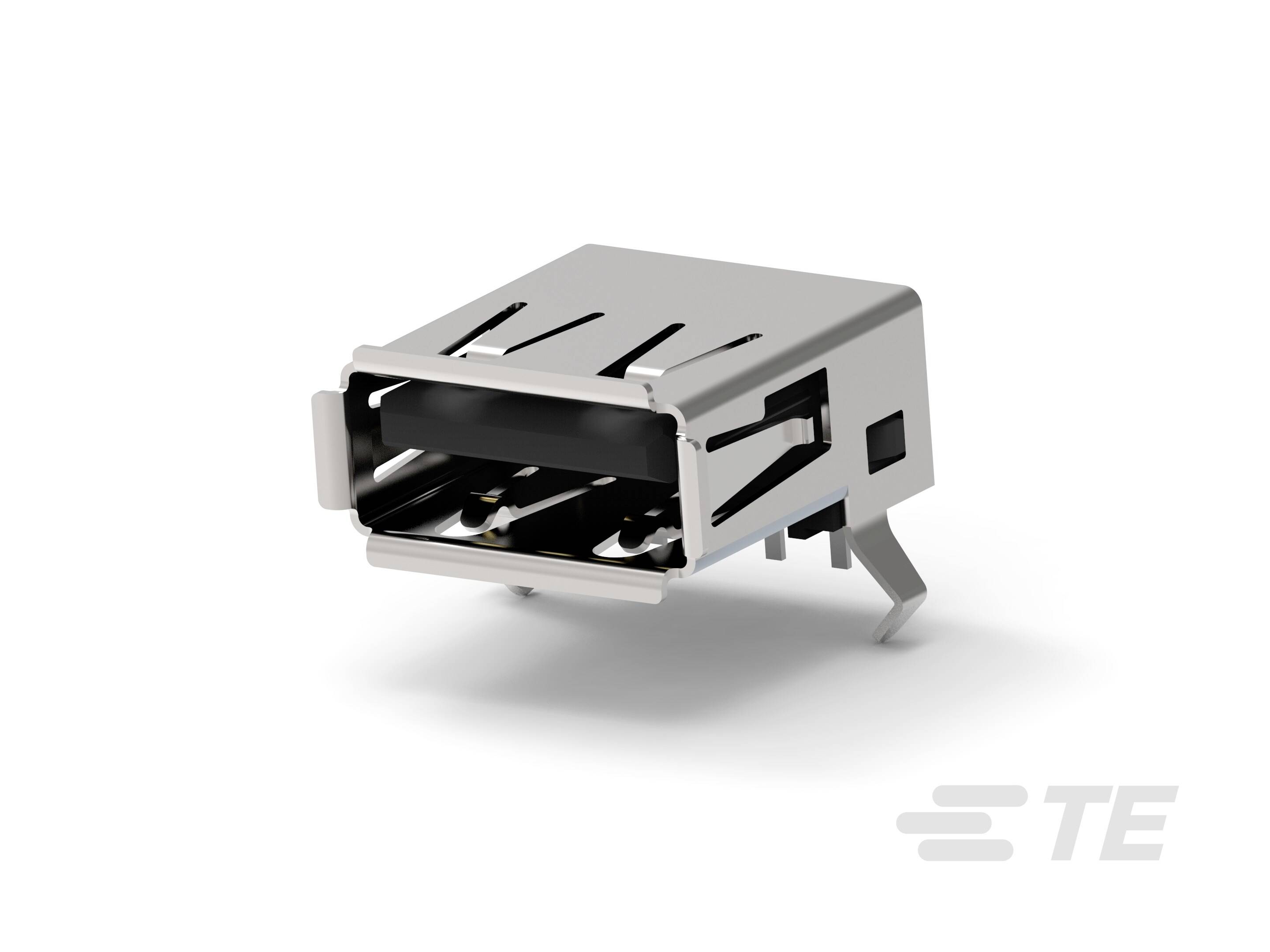 Srebrny złącz USB 2.0 o prostokątnym kształcie z dwoma punktami mocowania po bokach.