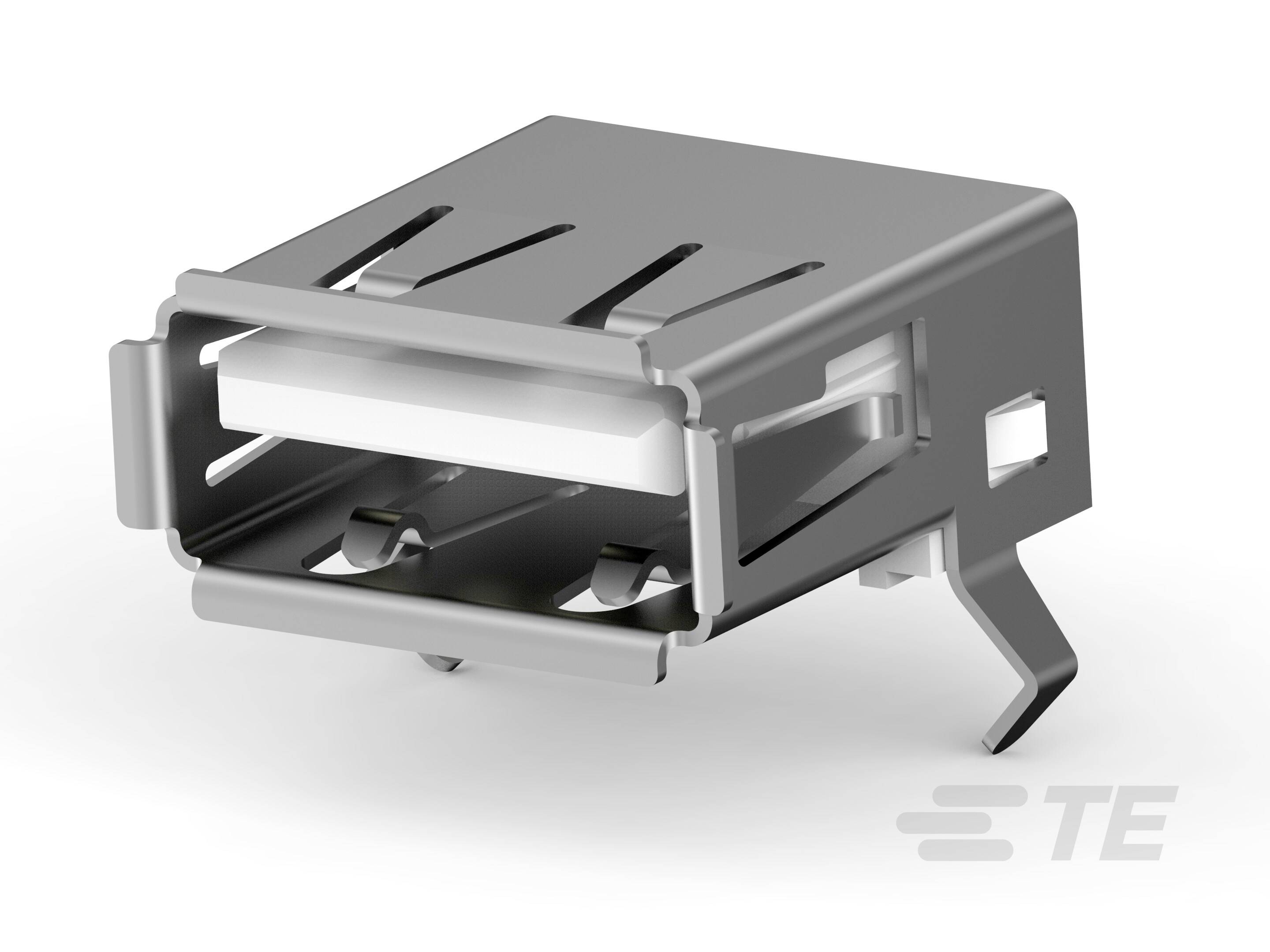 Metalowa, prostokątna obudowa złącza USB-A z bocznym klipsem mocującym, odpowiednia do podłączania urządzeń elektronicznych.