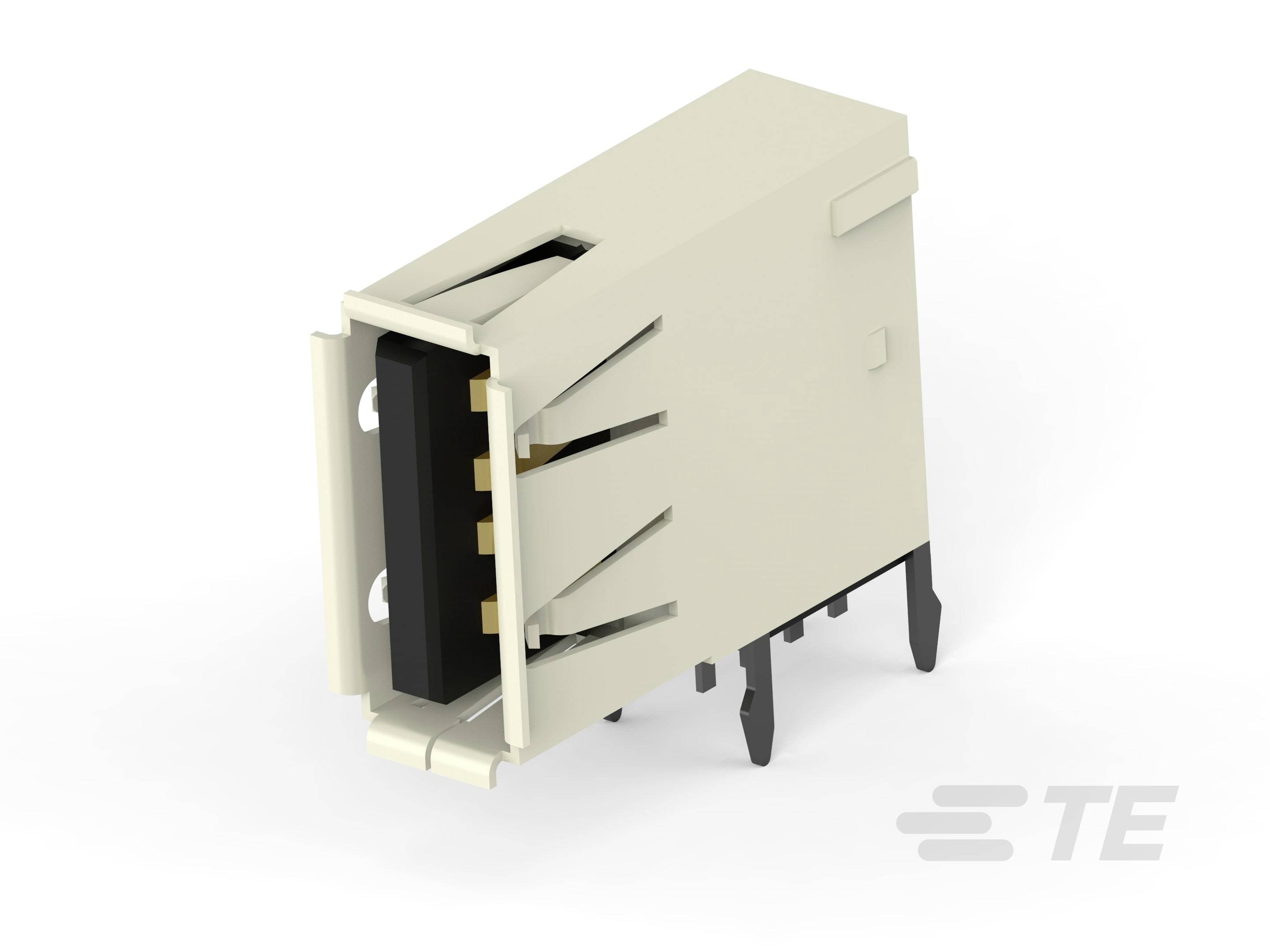 Ilustracja białego elektrycznego złącza wielostykowego firmy TE Connectivity. Odpowiednie do zastosowań elektronicznych.