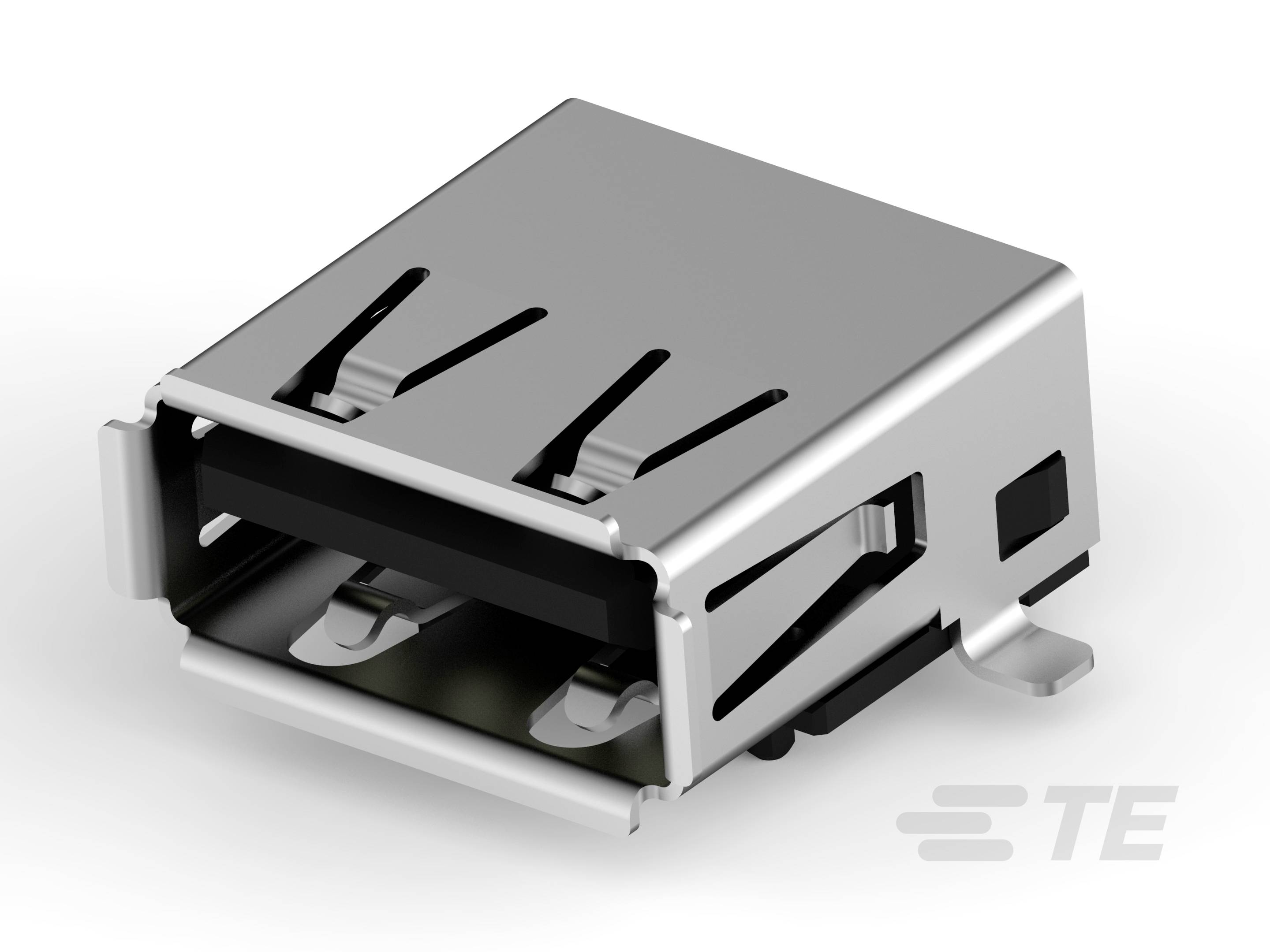 Prostokątne złącze USB w metalowej obudowie, ujęcie perspektywiczne, przedstawiające gniazdo i elementy mocujące.