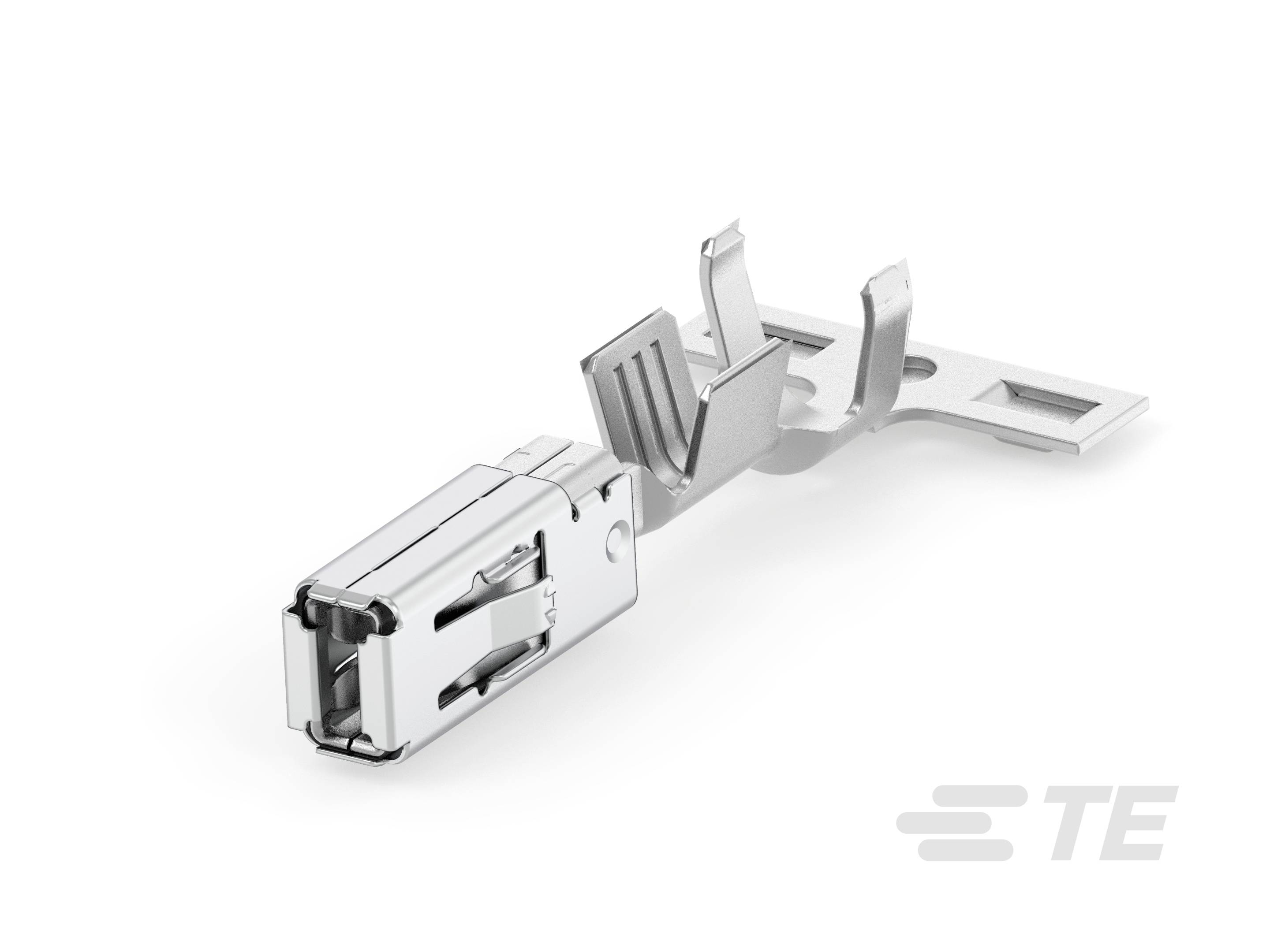 Styczny kontakt metalowy lub element wtykowy w srebrze, widziany z boku, do połączeń elektronicznych, z logo TE w prawym dolnym rogu.