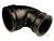 Czarny plastikowy łącznik kątowy, zgięcie 90 stopni, odpowiedni do przewodów rurowych. Nadaje się do zastosowań przemysłowych.
