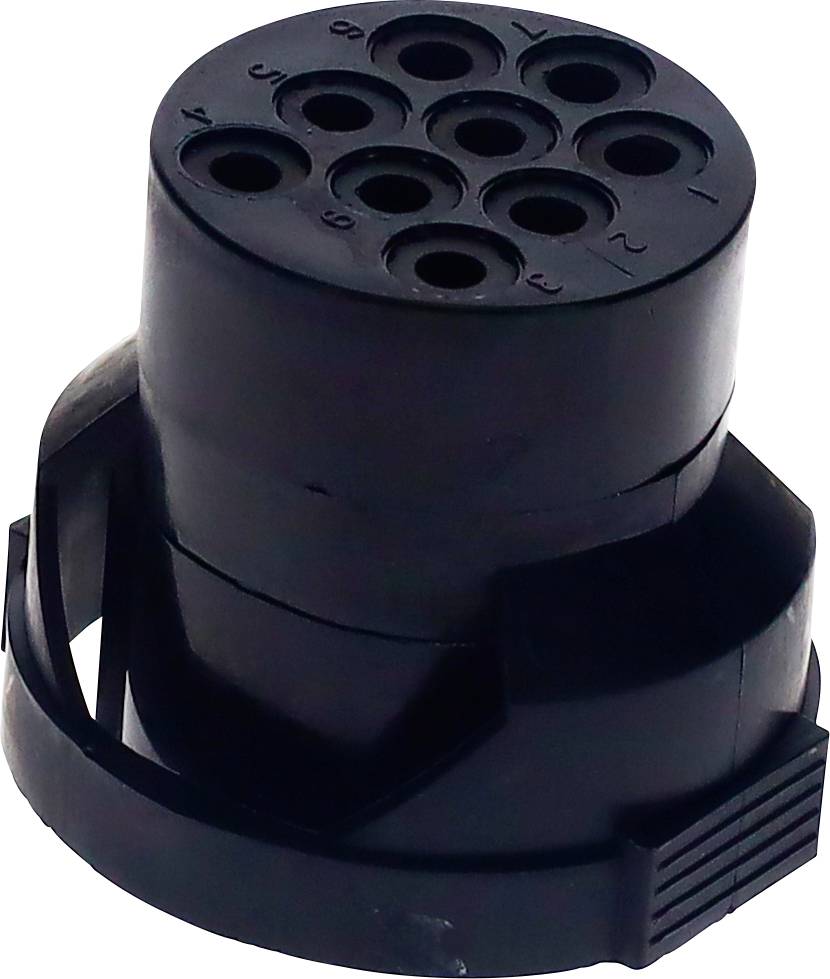 Czarny plastikowy adapter z 13 gniazdamiułożonymi w kołowym układzie na górnej powierzchni, używany do podłączania świateł przyczepy do pojazdu.
