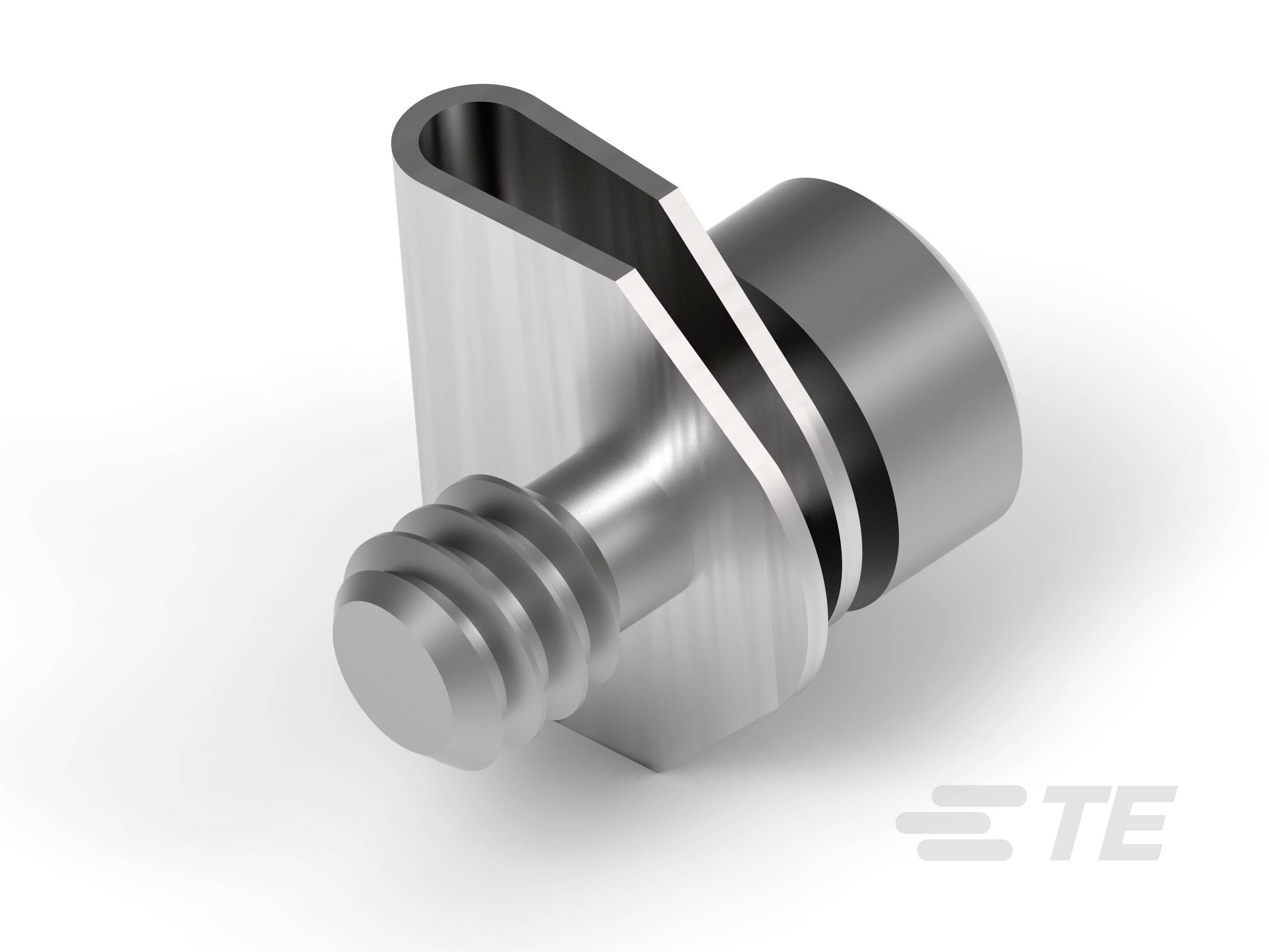 Metalowy element składowy z cylindrycznym trzpieniem i kątowym kołnierzem, prawdopodobnie podzespół mocujący stosowany w urządzeniach elektrycznych.