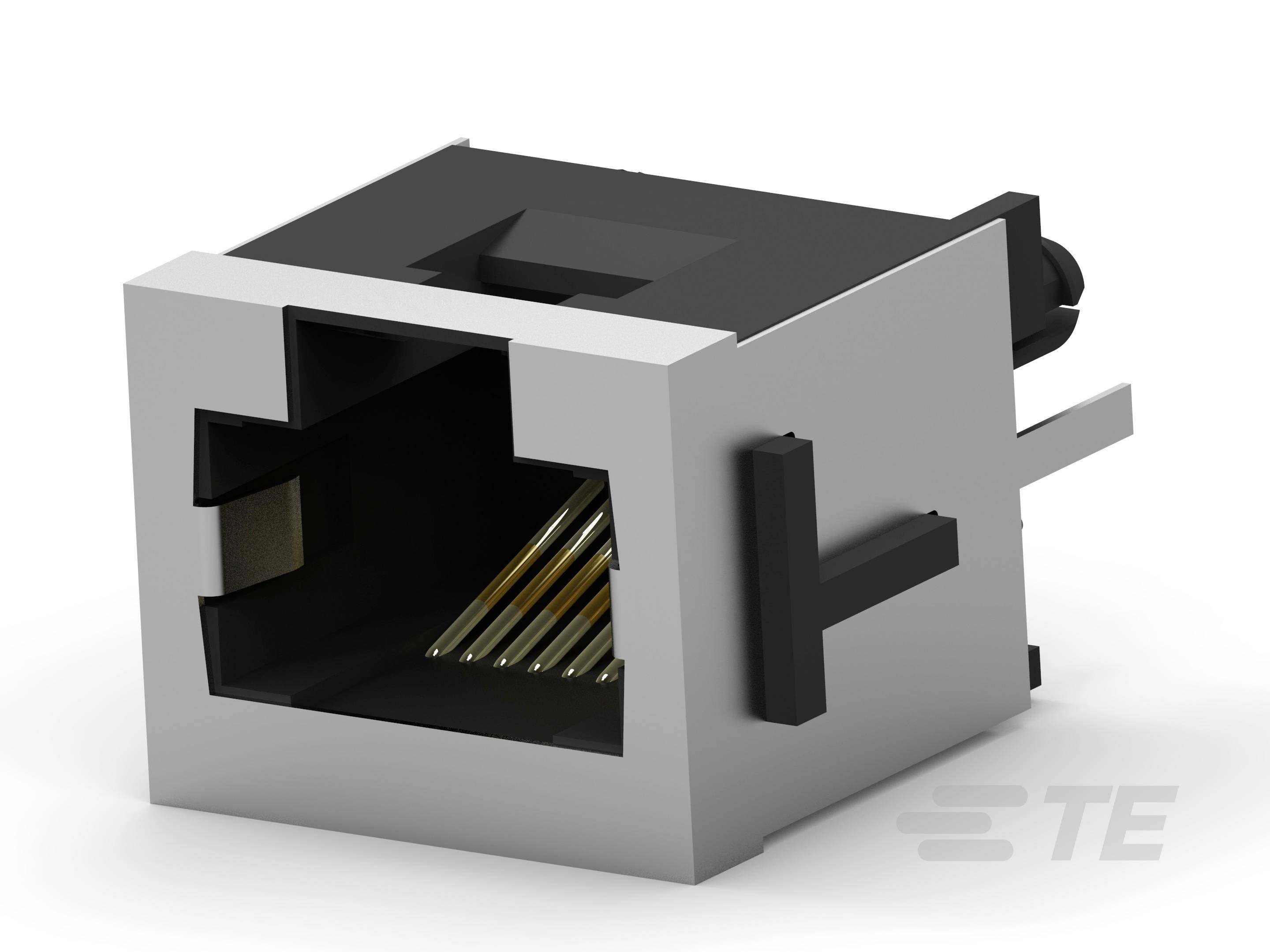 Srebrny złącz RJ-45 Ethernet w kolorze srebrnym z czarnym wnętrzem i złotymi stykami, oznaczony z boku.