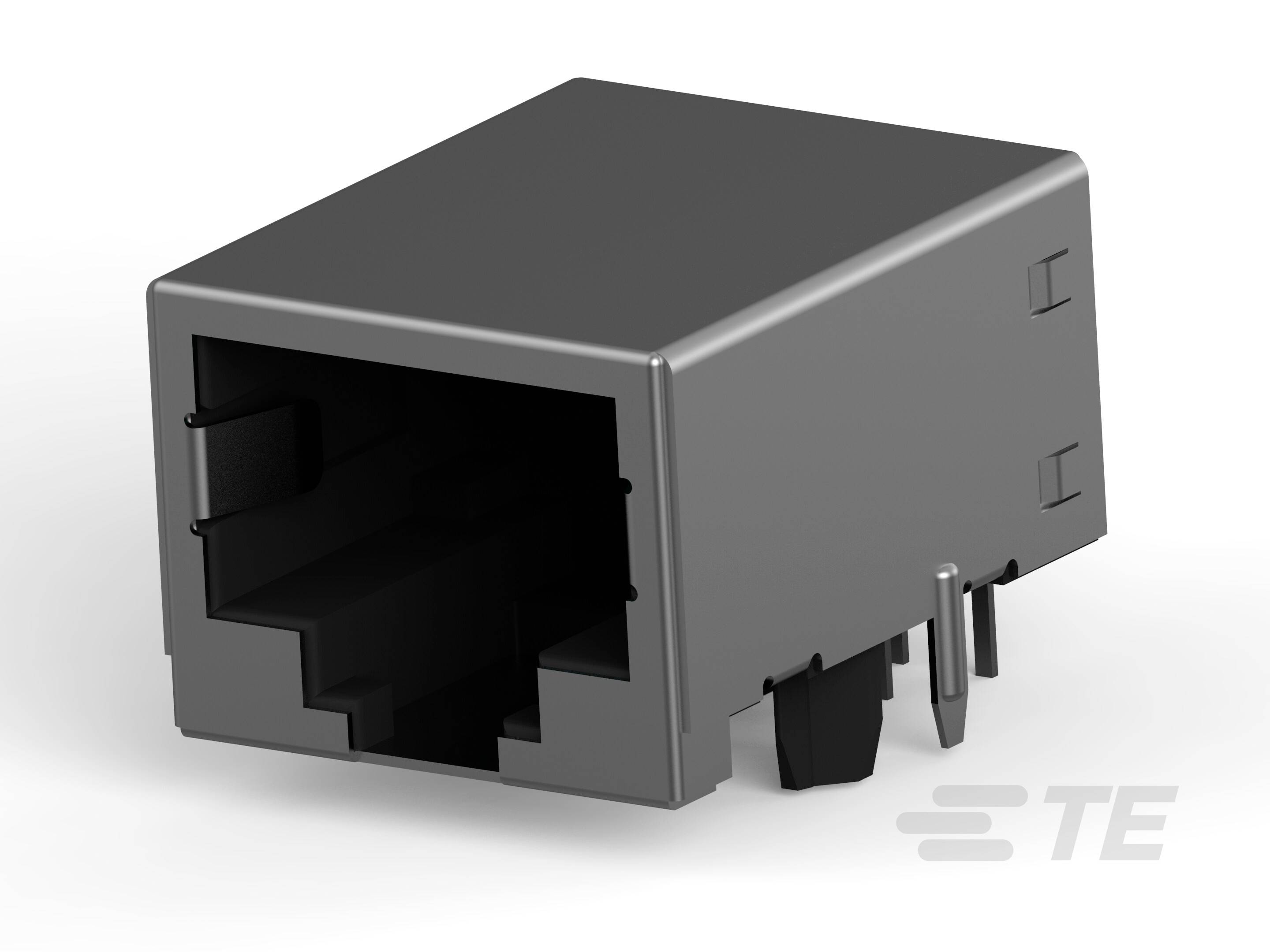 Zbliżenie wtyczki gniazda RJ45. Obudowa jest prostokątna i metalowa, z widocznym czarnym wnętrzem.