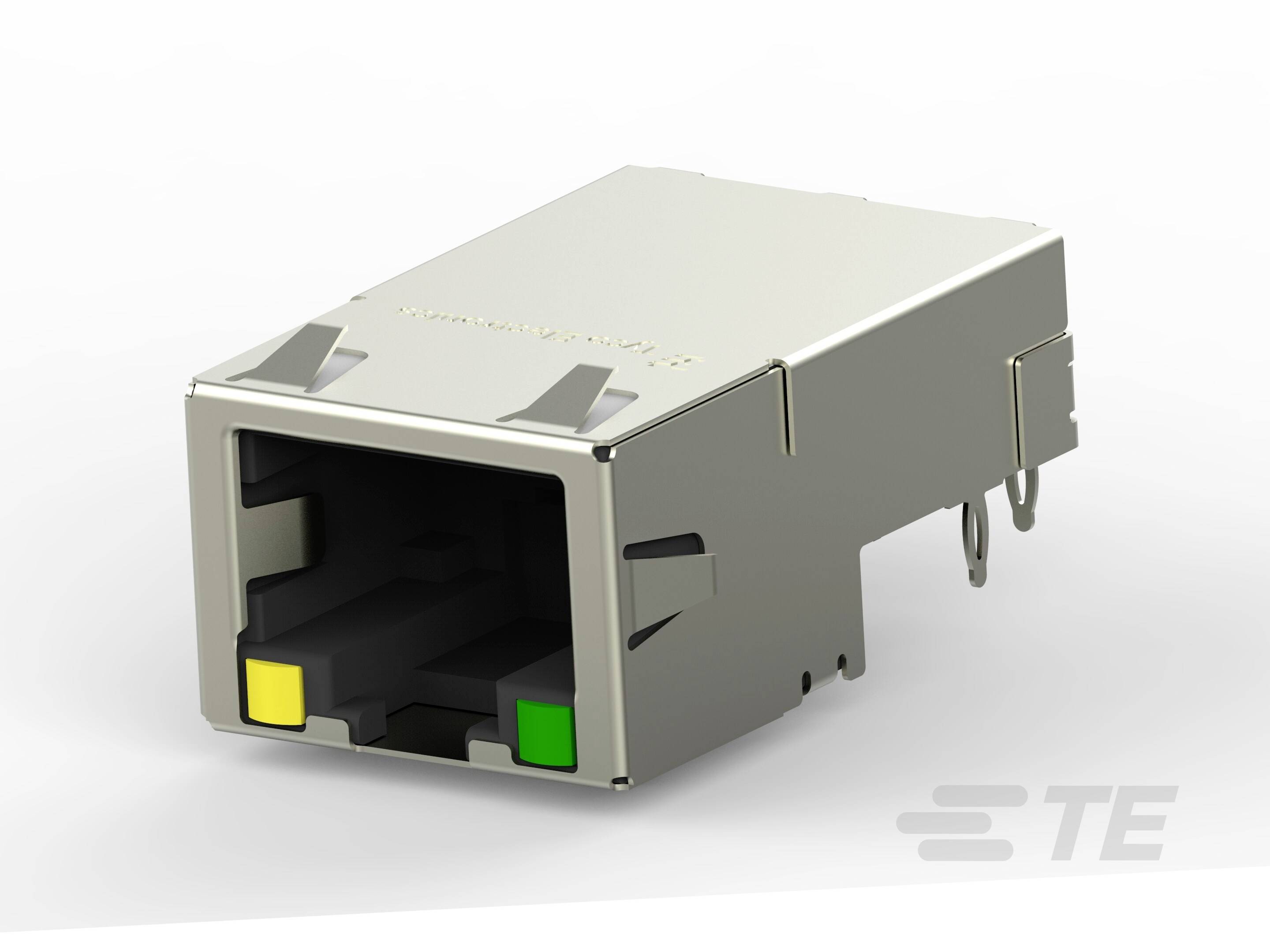 Srebrny wtyk RJ45 z dwoma widocznymi wskaźnikami LED w kolorach żółtym i zielonym, widoczny z boku, na białym tle.