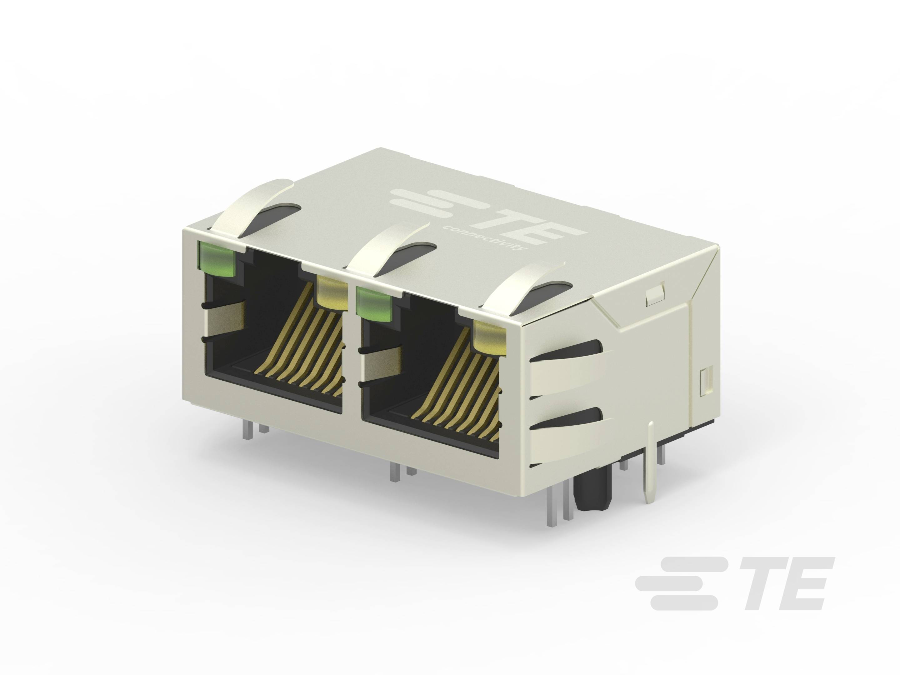 Podwójne złącze Ethernet z metalową obudową i żółtymi stykami, odpowiednie do połączeń sieciowych.