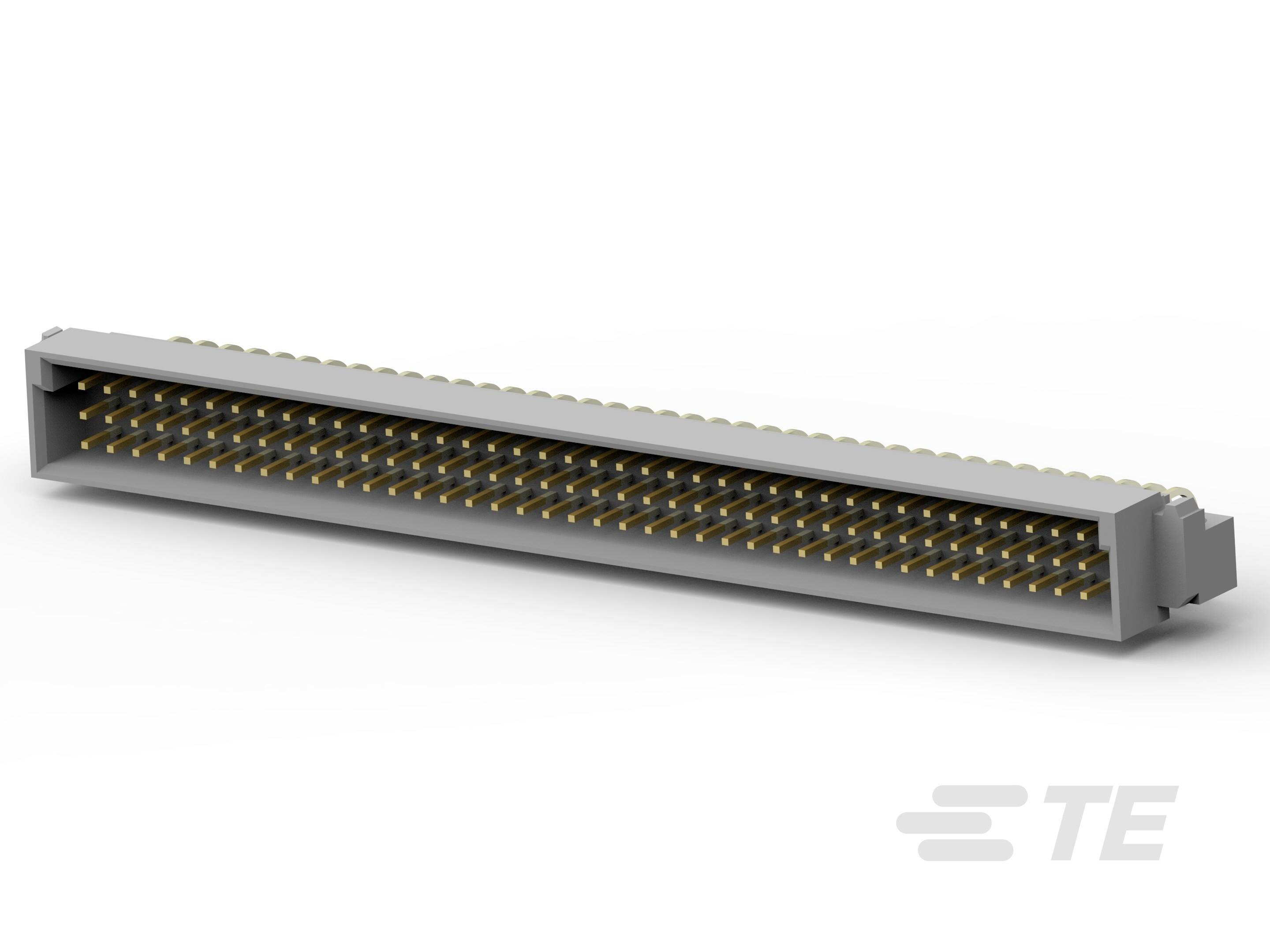Prostokątny elektroniczny złącz z wieloma złoconymi stykami, z logo 'TE' po stronie.