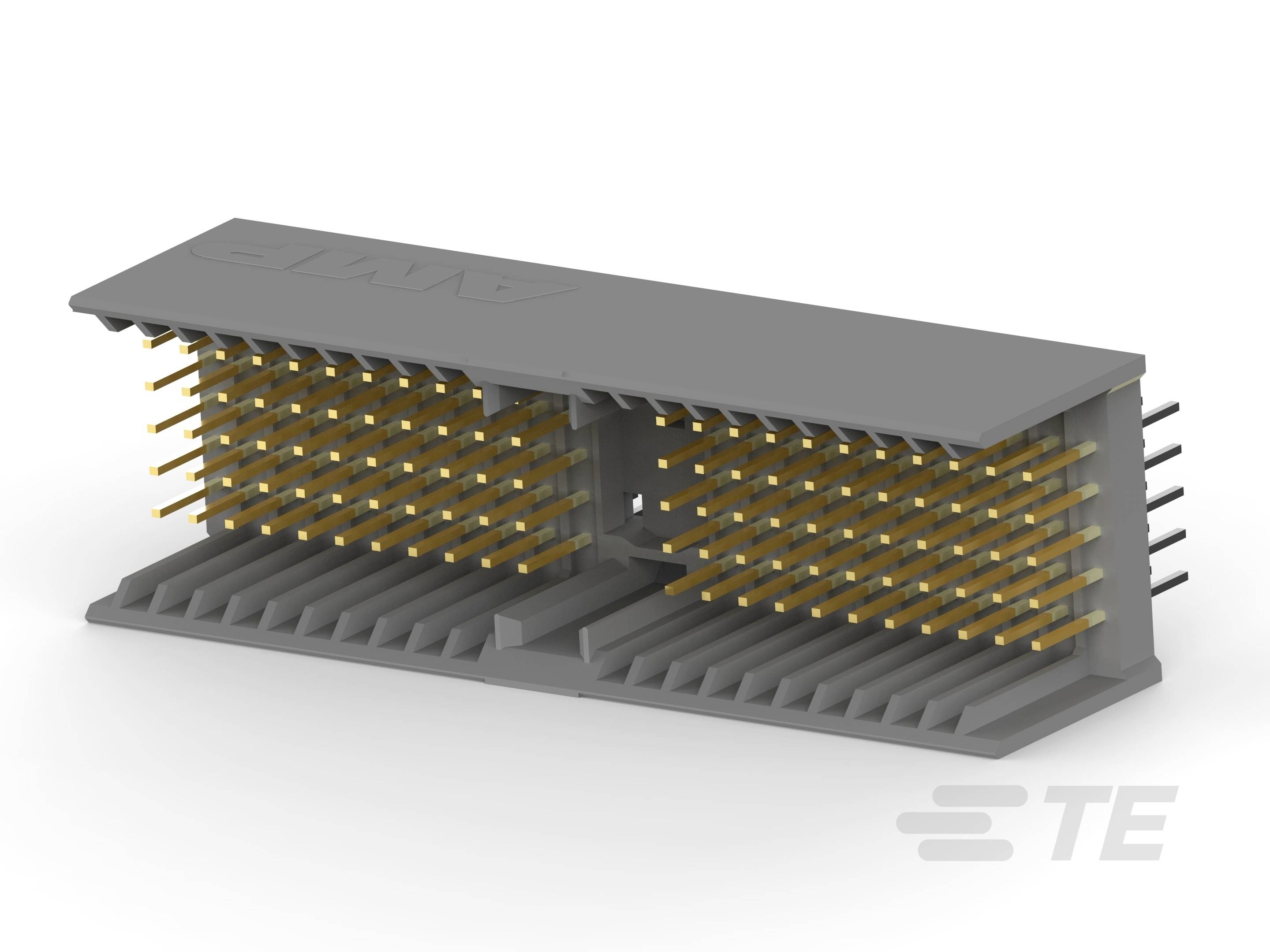 Złącza kątowe 2 mm Hard Metric firmy TE Connectivity, w kolorze szarym ze złotymi stykami, przeznaczone do płytek drukowanych w urządzeniach elektronicznych.