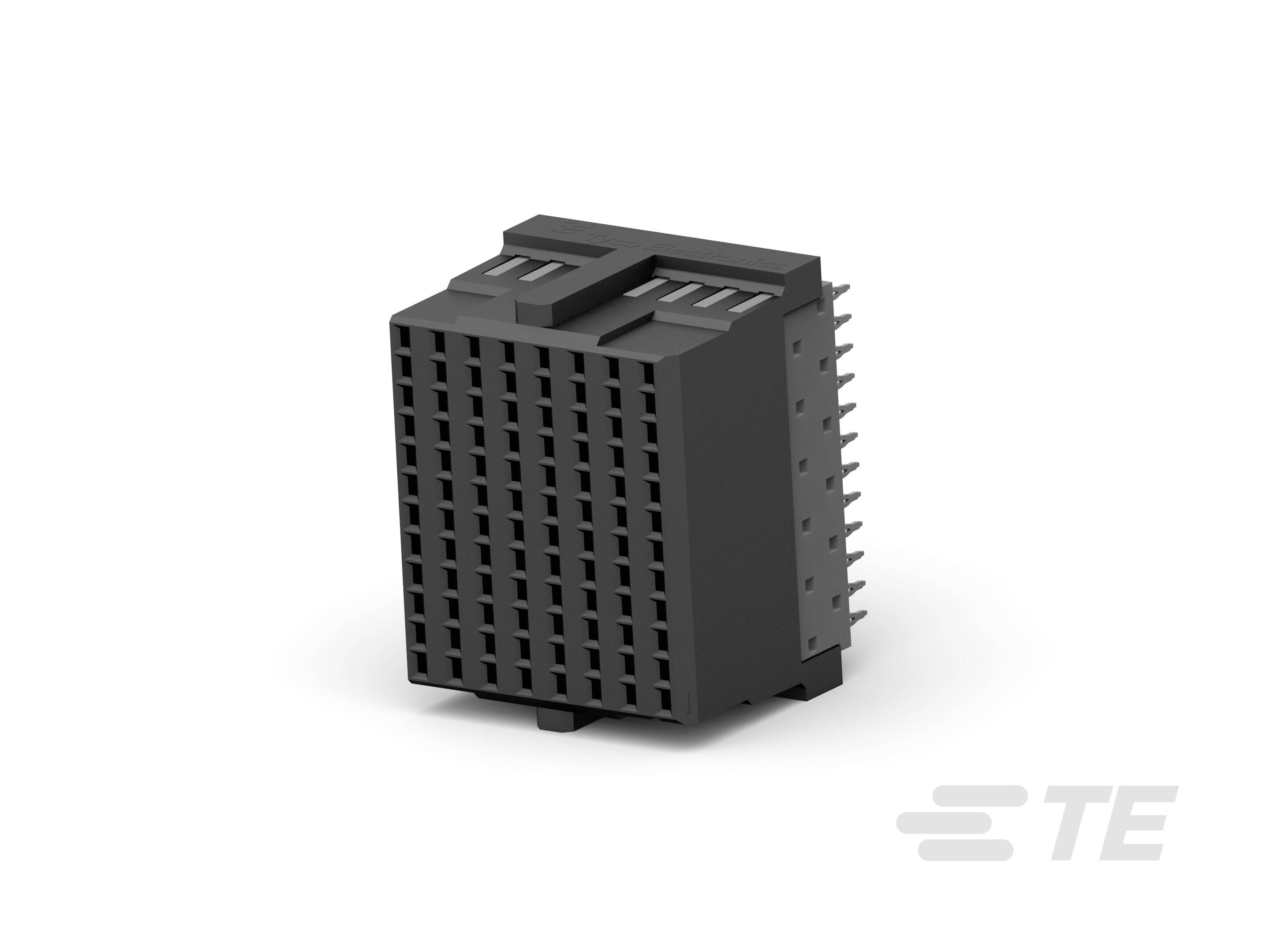 Czarny elektroniczny złącz z wieloma kwadratowymi otworami i bocznymi metalowymi przyłączami.