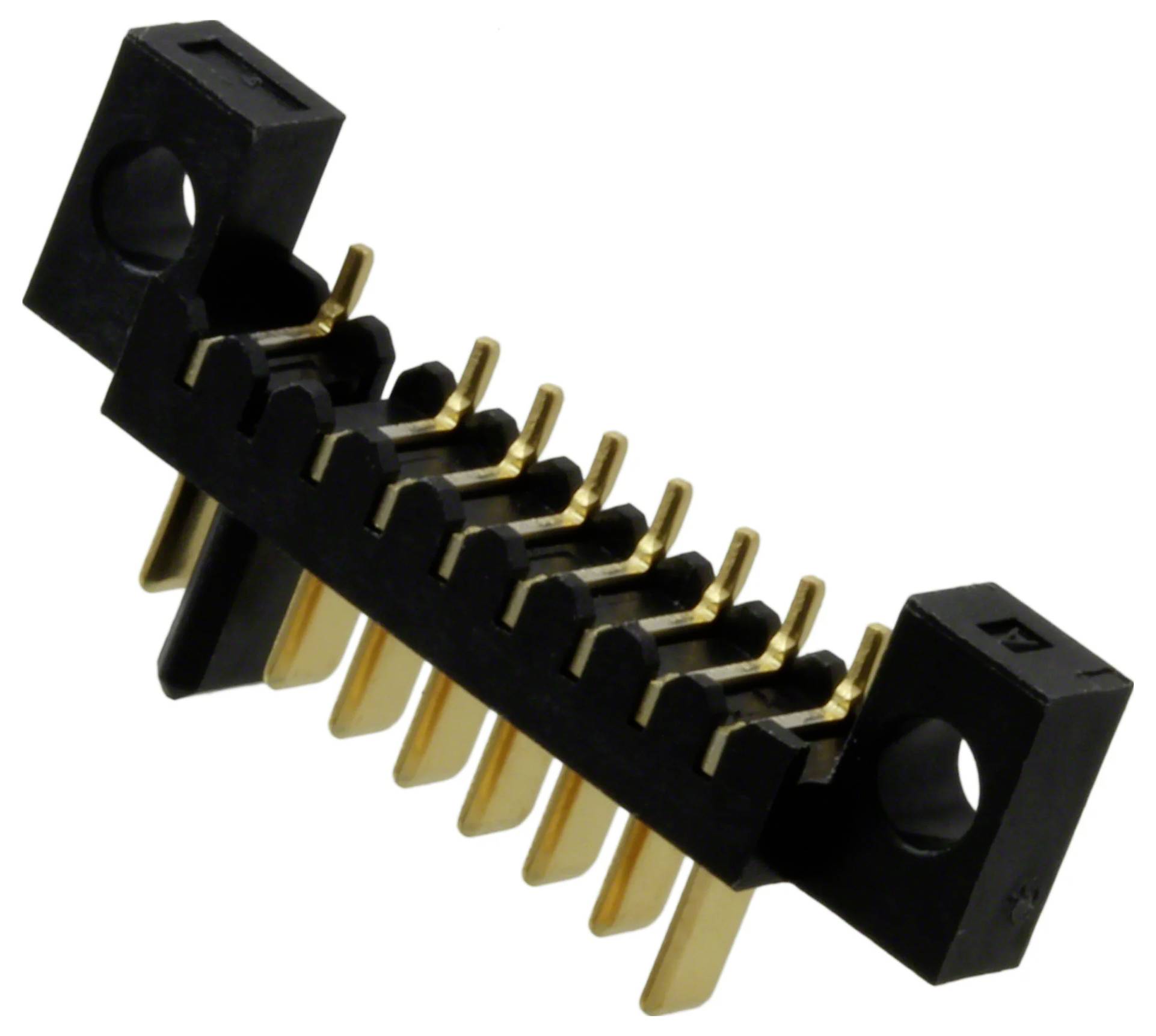 Złącze PCB z czarną obudową i pozłacanymi stykami ułożonymi w dwóch rzędach, zaprojektowane do połączeń na płytkach obwodów elektronicznych.