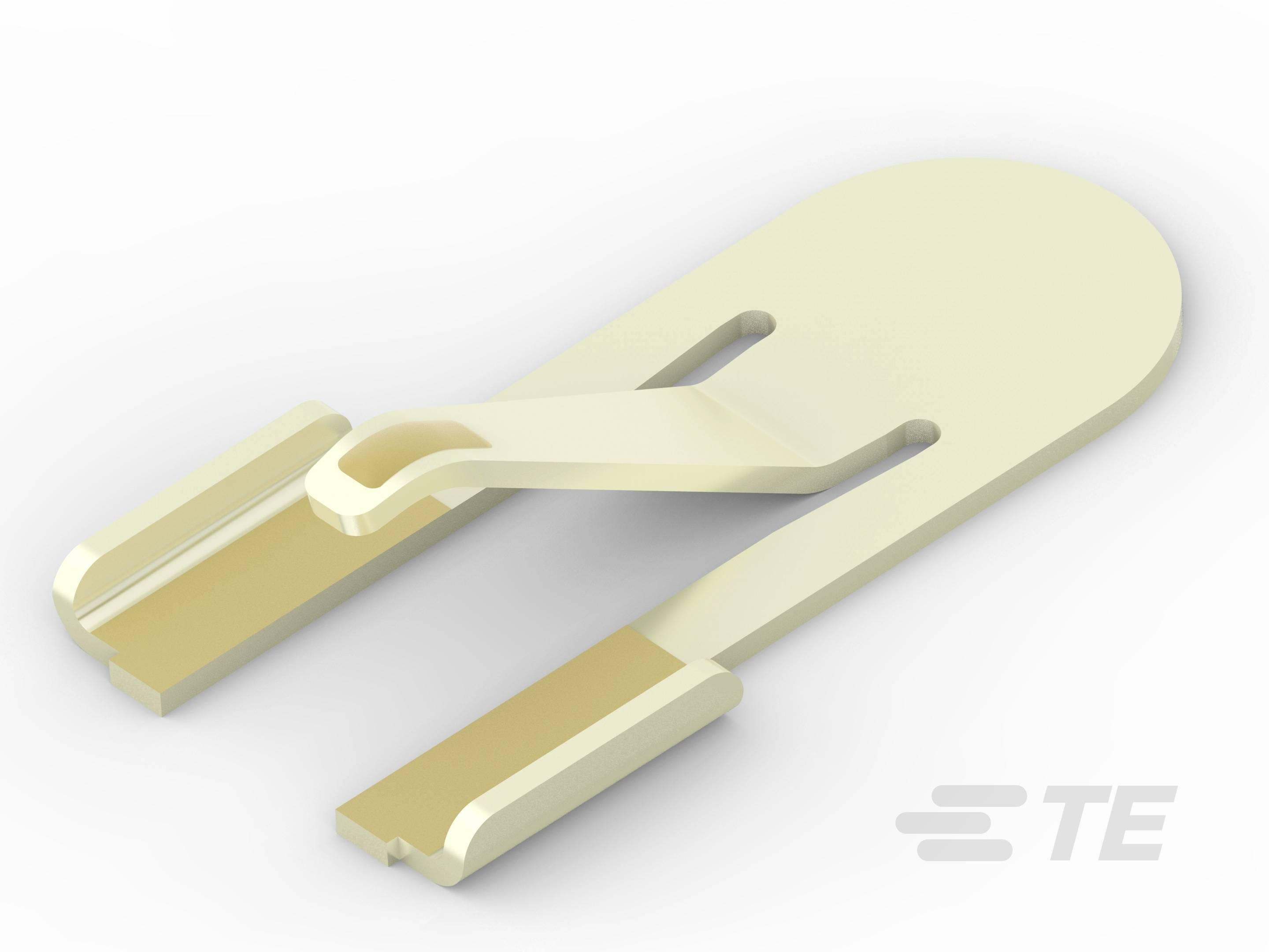 Metalowy kabel końcówka w kolorze beżowym z dwoma płaskimi, równoległymi języczkami oraz zamykanym klipsem. Logo 'TE' w rogu.