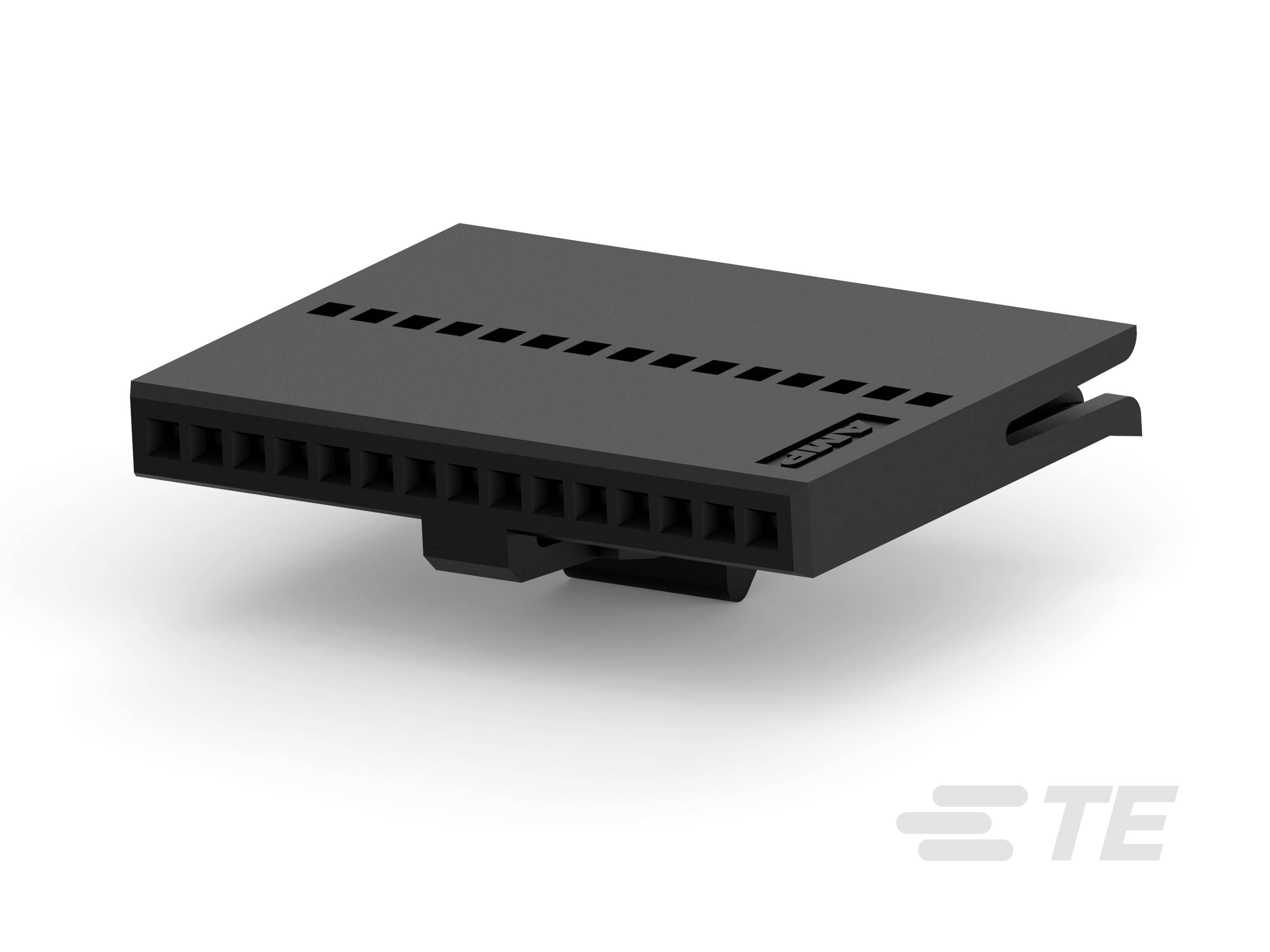 Czarny elektroniczny adapter wtykowy z wieloma złączami, mocowaniem za pomocą klipsa z boku oraz logo TE w prawym dolnym rogu.