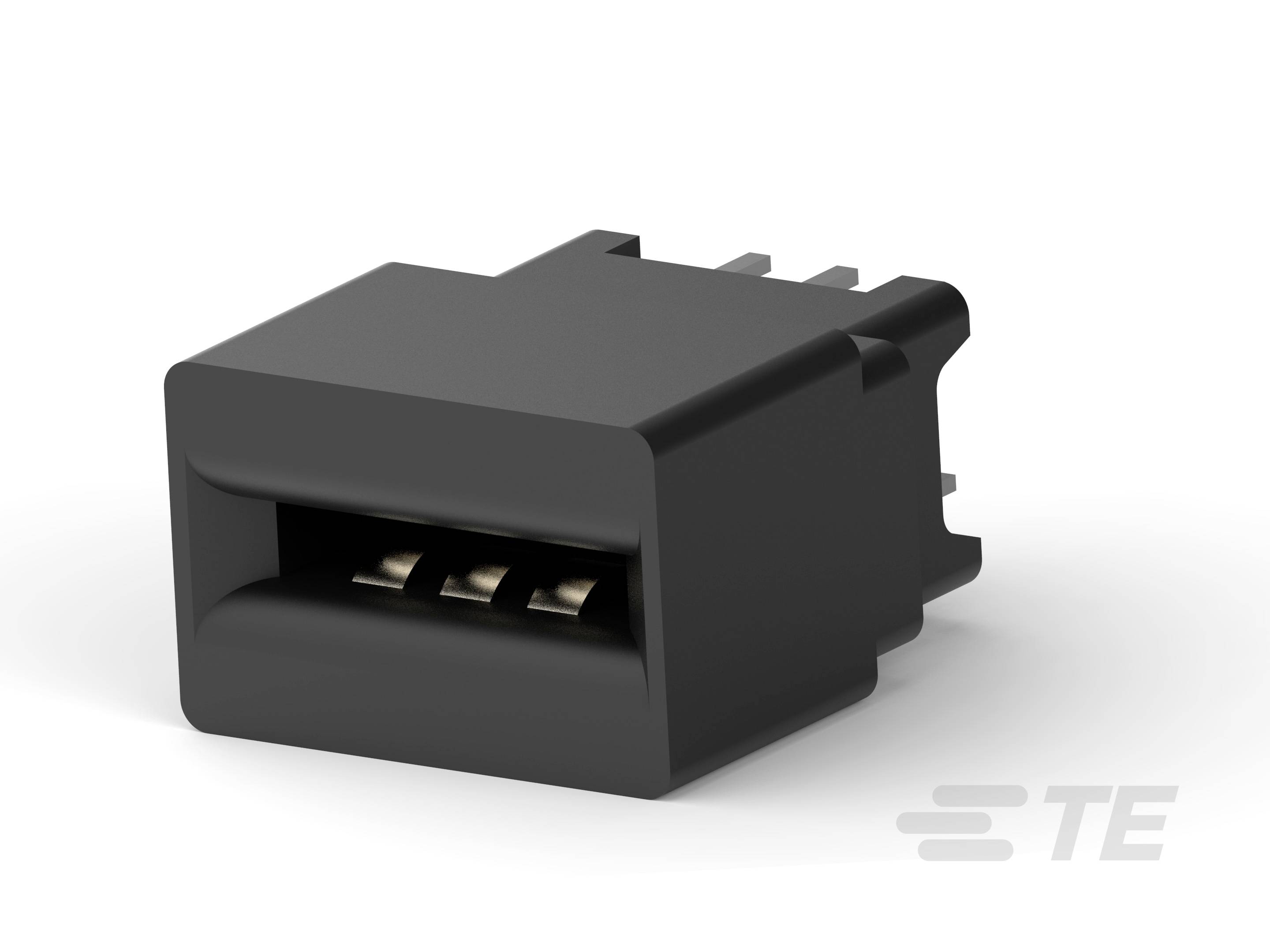 Czarno-elektryczna obudowa złącza z prostokątnym otworem i wewnętrznymi stykami, widziana z boku.