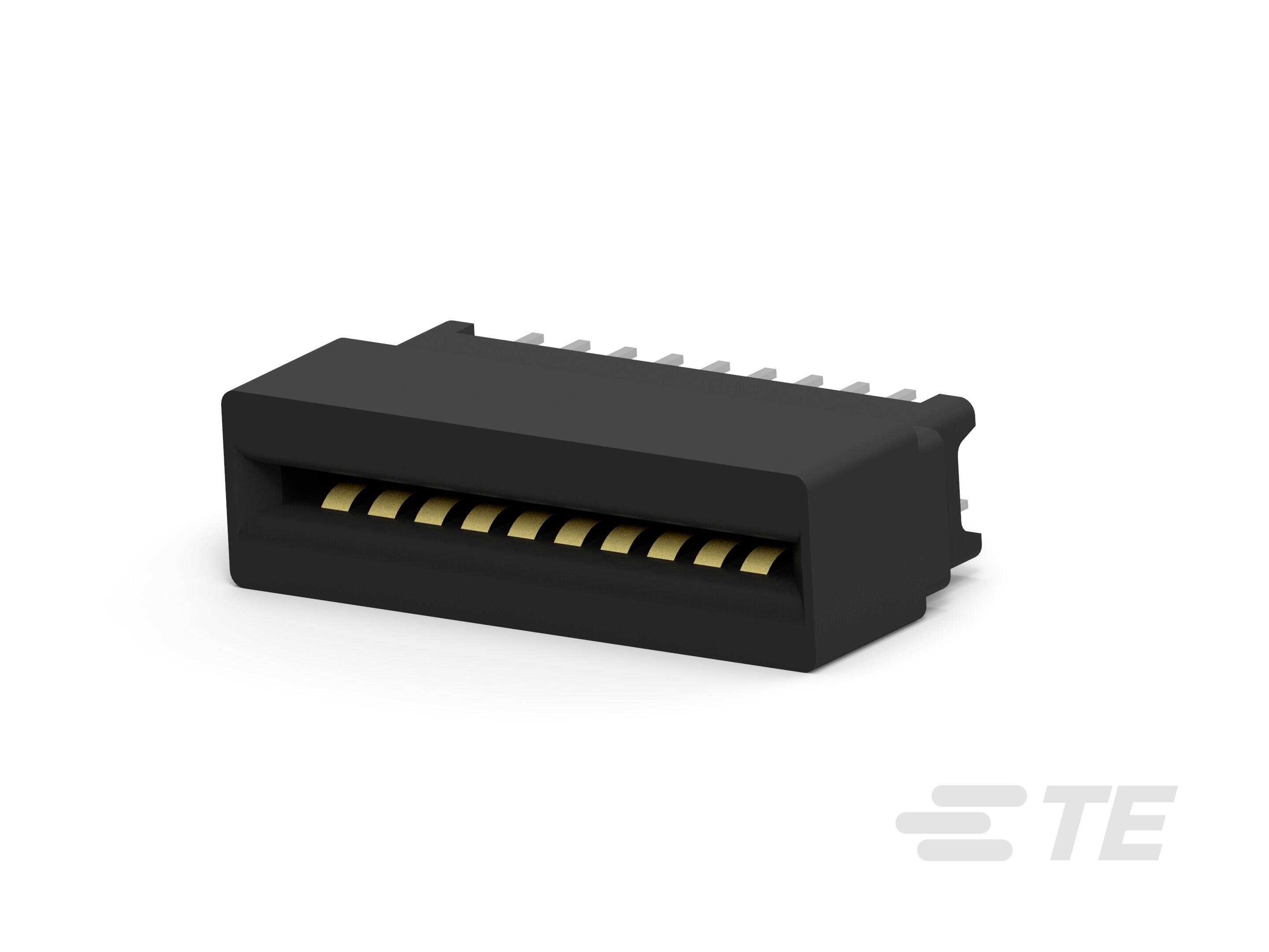 Czarny elektryczny złącz z metalowymi stykami, przedstawiony na białym tle. W prawym dolnym rogu znajduje się logo firmy.