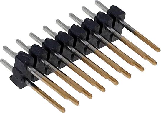 Zbliżony widok rzędu miedzianych i stalowych styków elektrycznych zamocowanych w czarnej plastikowej obudowie, używanych do połączeń płytek drukowanych.