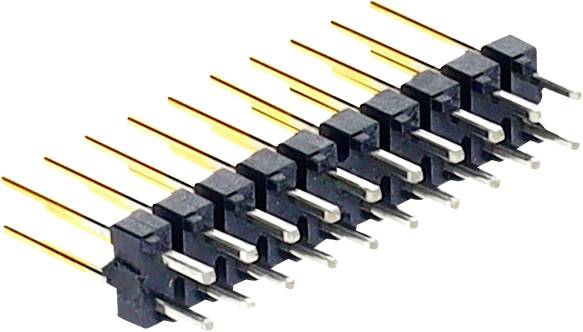 Rząd dziesięciu złoconych pinów elektrycznych ze złączem w czarnej plastikowej podstawie, stosowany w płytkach elektronicznych obwodów drukowanych.