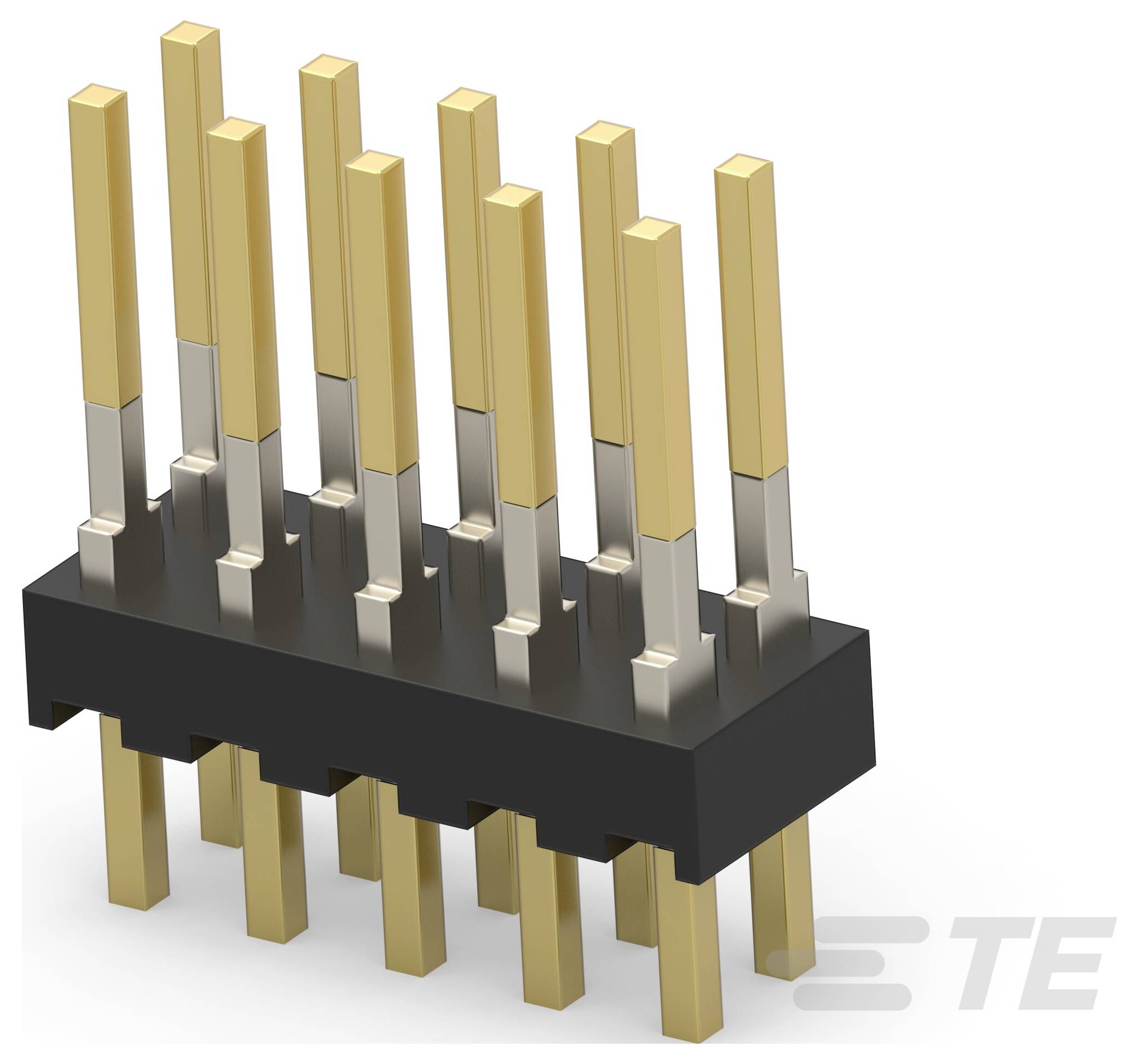 Renderowanie 3D czarno-złotego złącza PCB z podwójnym rzędem z kwadratowymi, prostymi szpilkami męskimi, ułożonymi w dwóch równoległych rzędach.