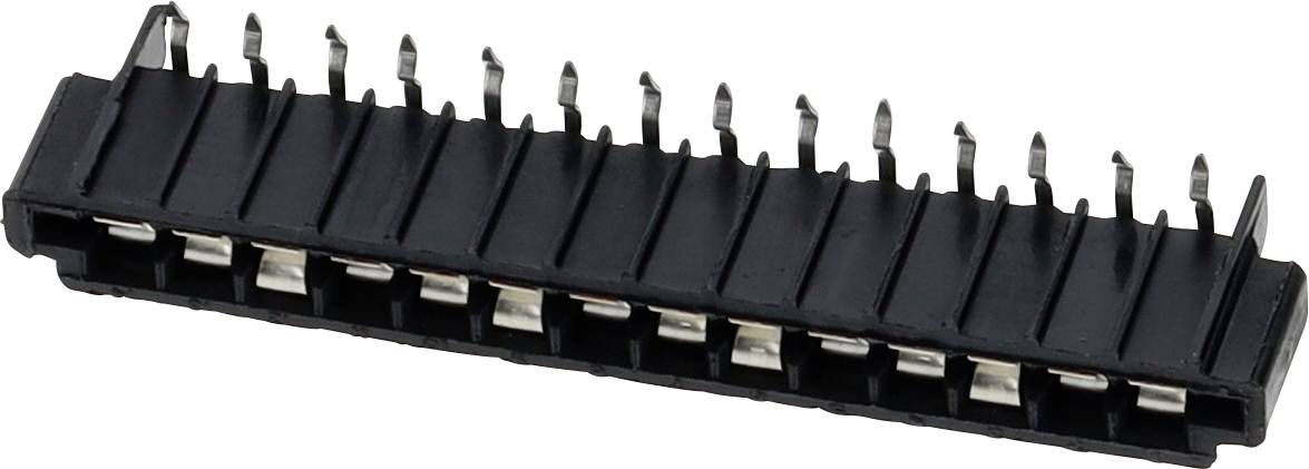 Czarny, prostokątny 20-stykowy złącze elektryczne z metalowymi stykami ułożonymi w dwóch równoległych rzędach, używane do elementów elektronicznych.