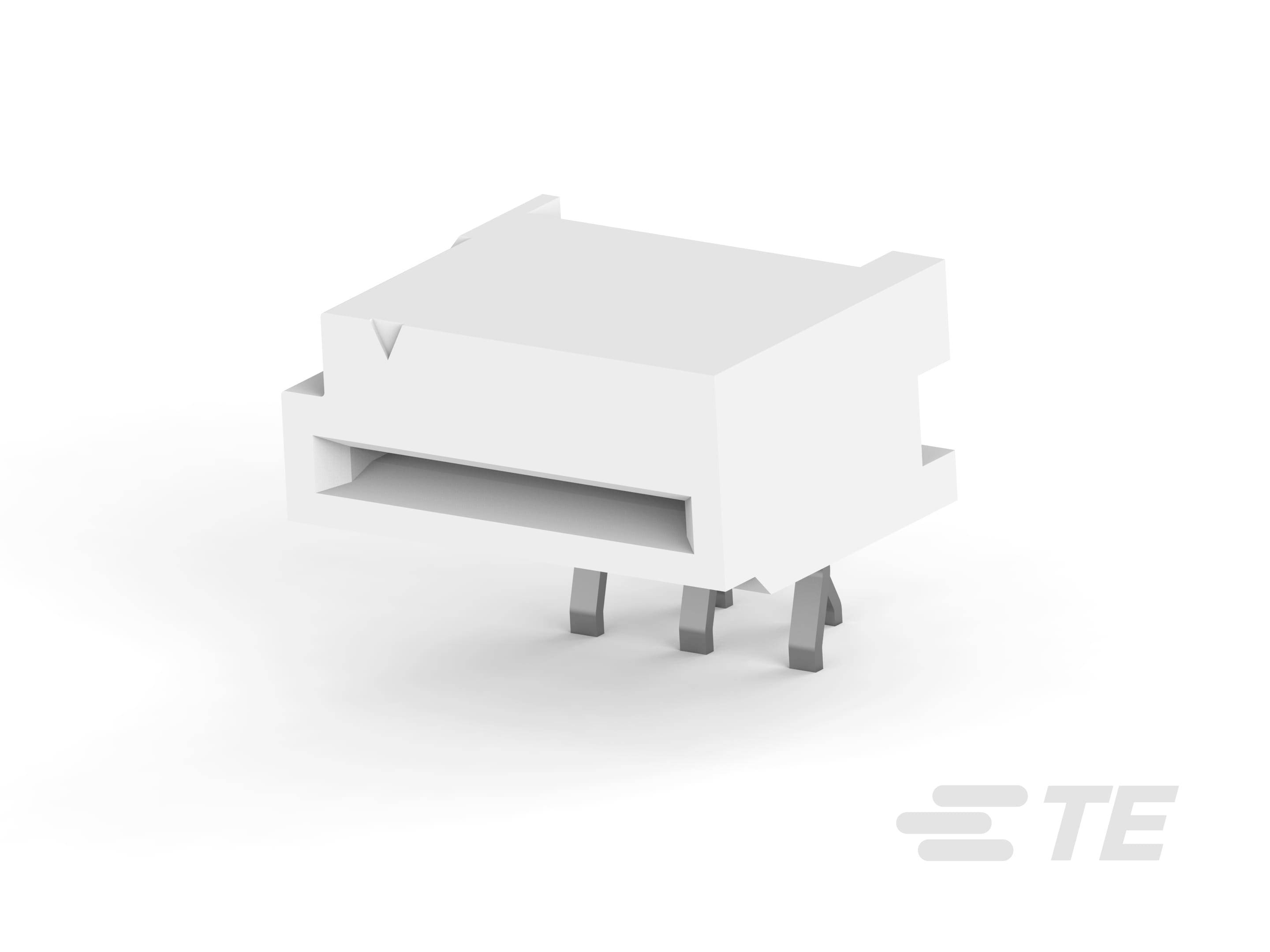 Prostokątny, biały złącz elektroniczny z wieloma małymi metalowymi stykami od spodu. Logo 'TE' po prawej stronie.