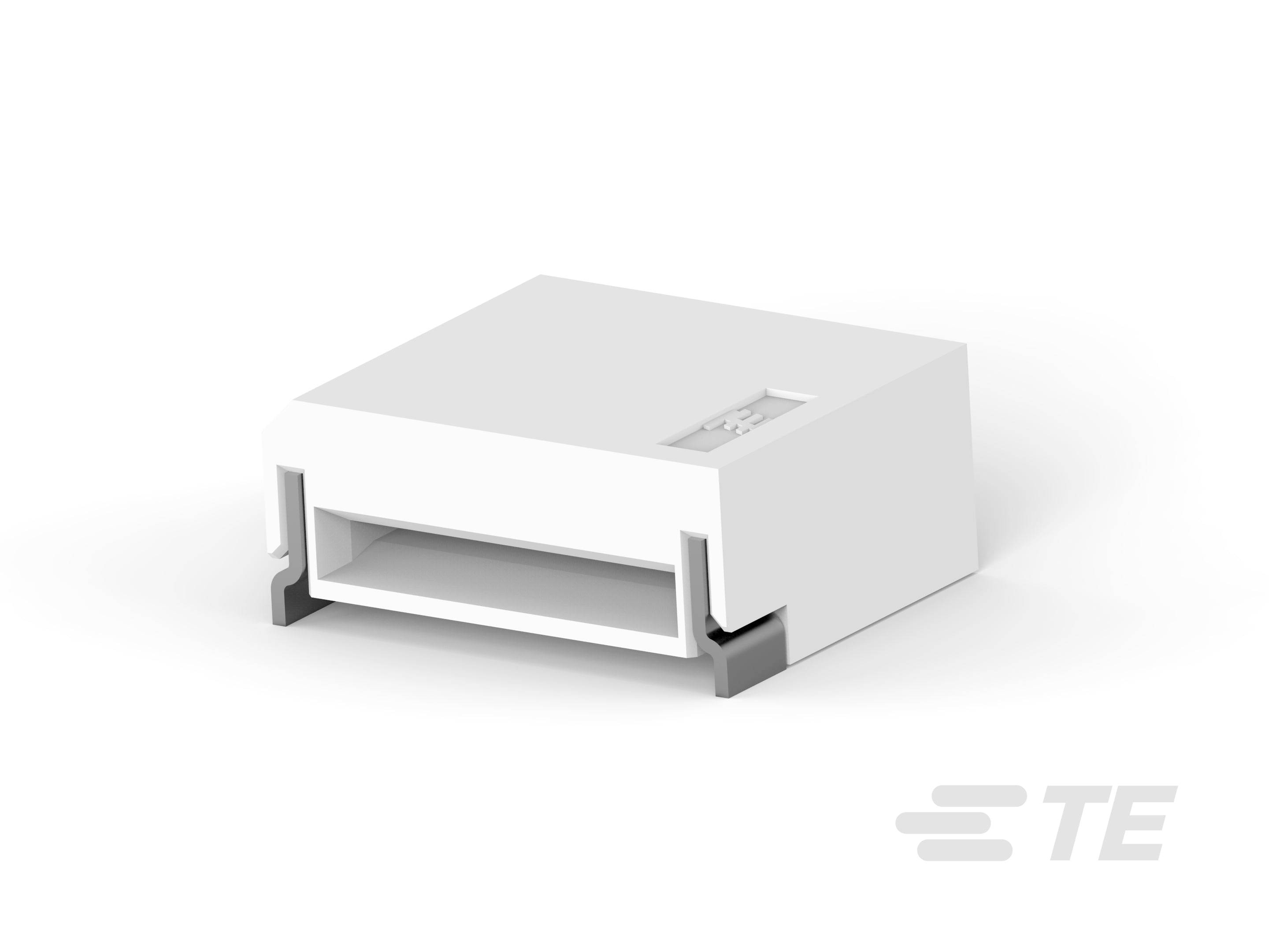 Biały, prostokątny elektroniczny złącz firmy TE Connectivity, lekko skośnie ustawiony w lewą stronę.