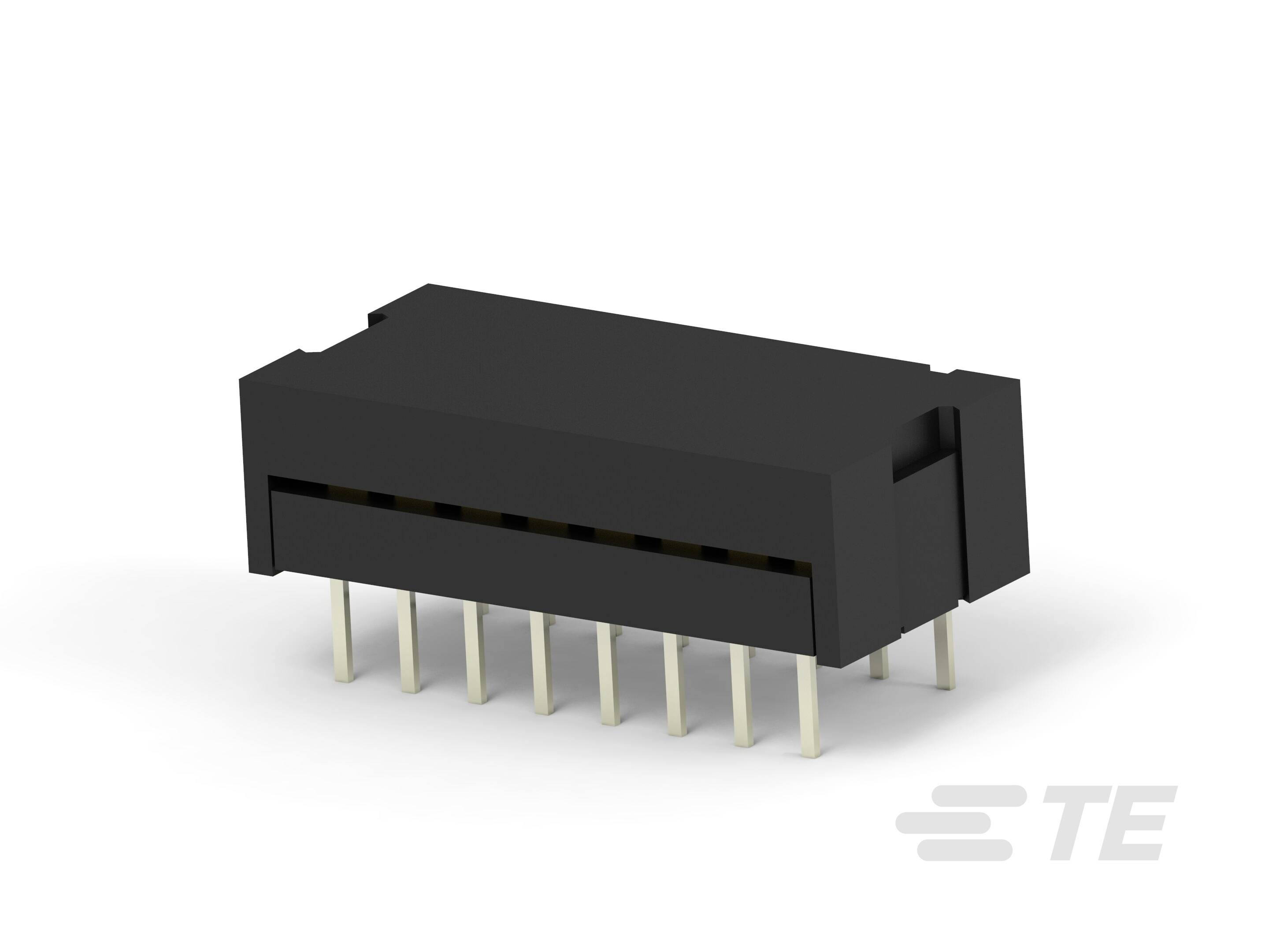 Czarny elektroniczny wtyk z wieloma metalowymi pinami. Służy do łączenia komponentów elektronicznych w obwodach elektrycznych.