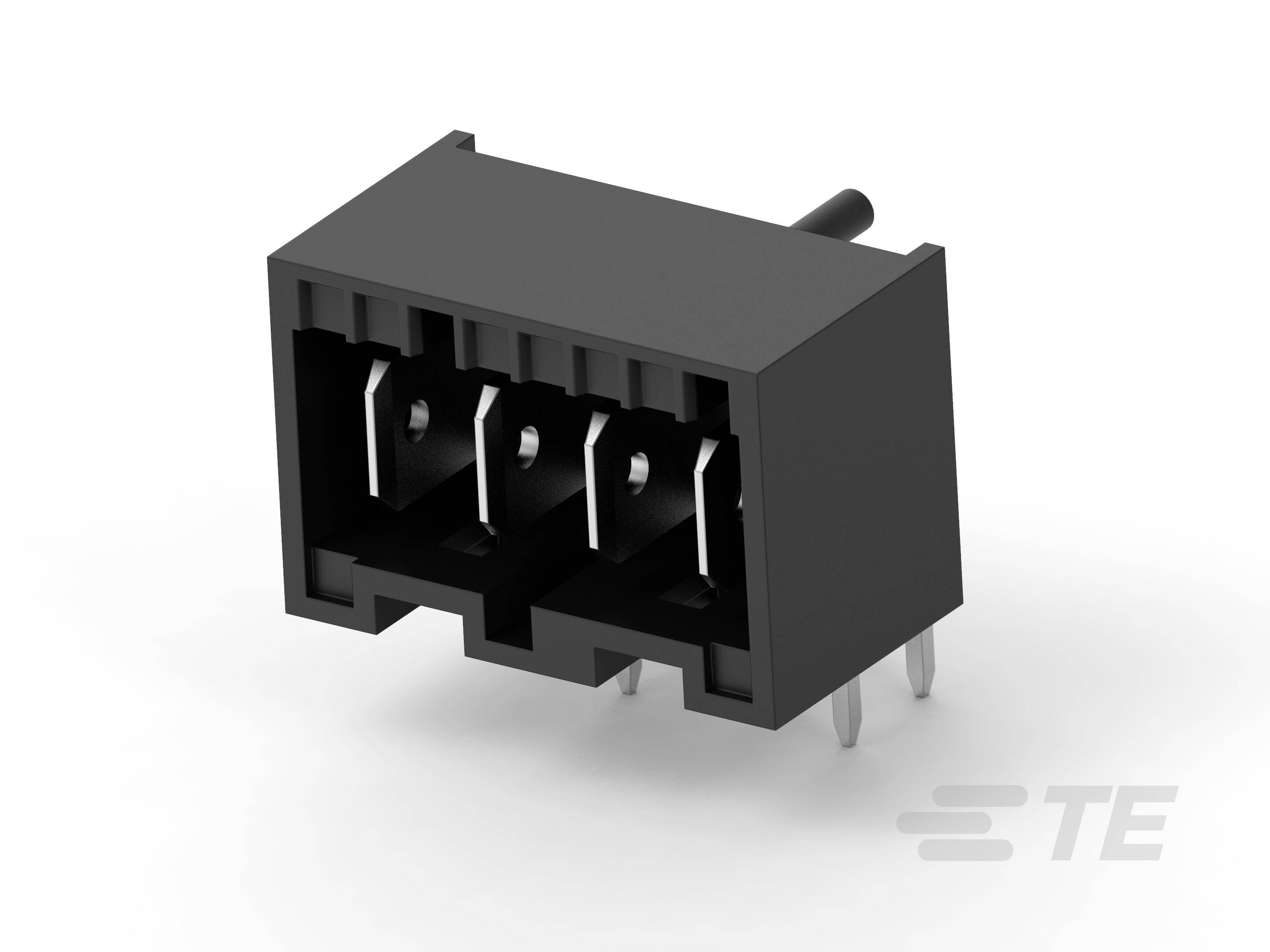 Czarny, prostokątny 4-biegunowy złącz z trzema widocznymi stykami metalowymi oraz czterema pinami na spodzie, przeznaczony do zastosowań elektronicznych.