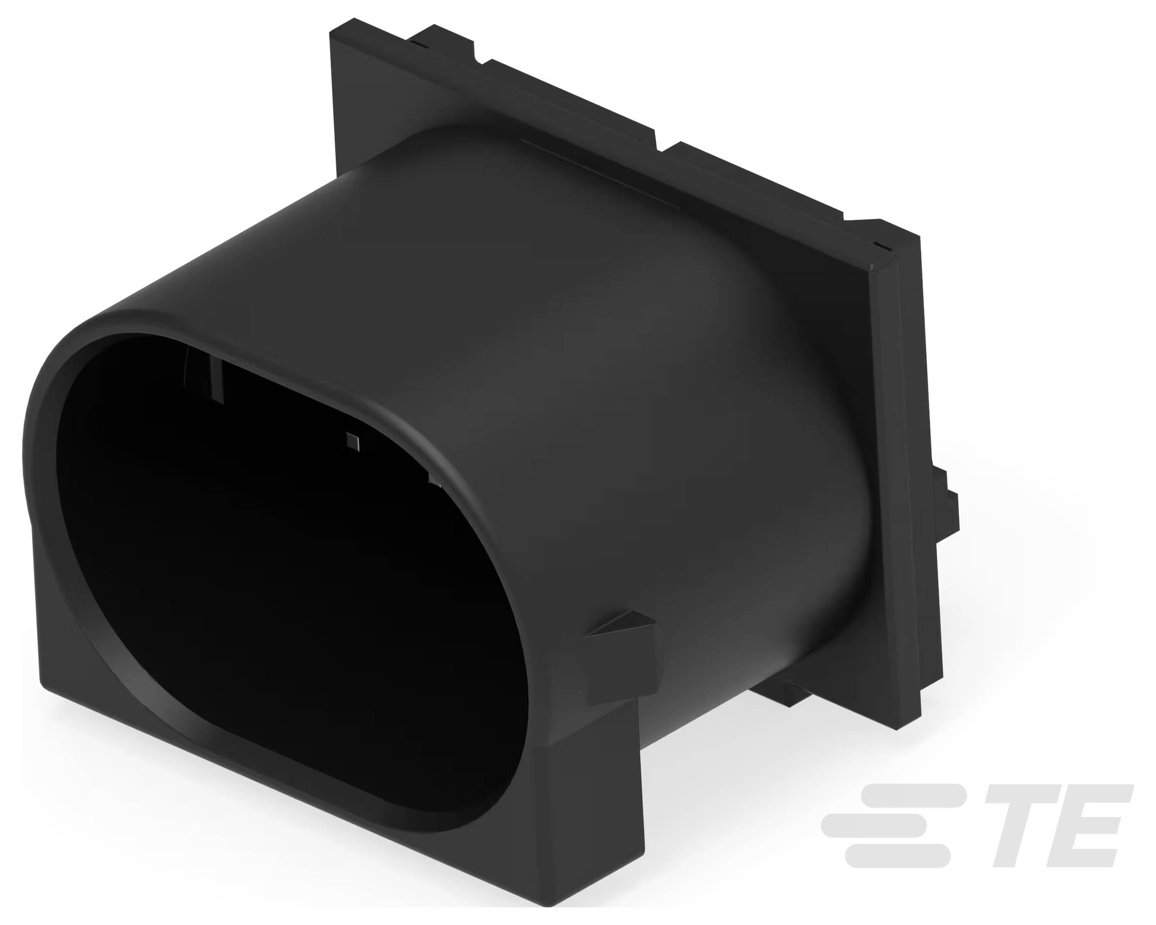 Trójwymiarowy rendering czarnego, prostokątnego komponentu automotive'owego z owalnym otworem, oznaczonym logiem „TE" w prawym dolnym rogu.