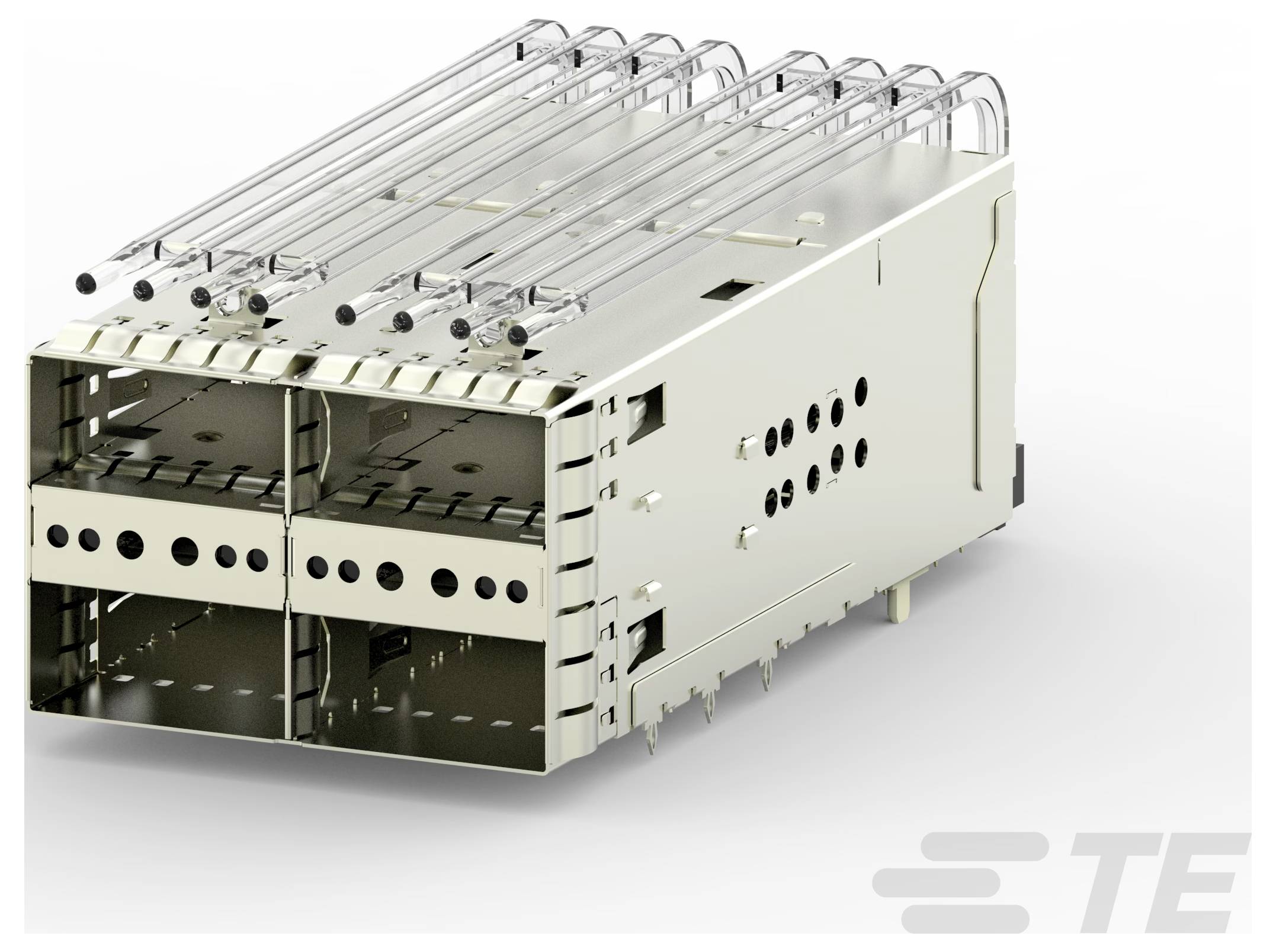Czterokablowy konektor modułu Ethernet z metalową obudową i wieloma gniazdami pinów do przesyłania danych.