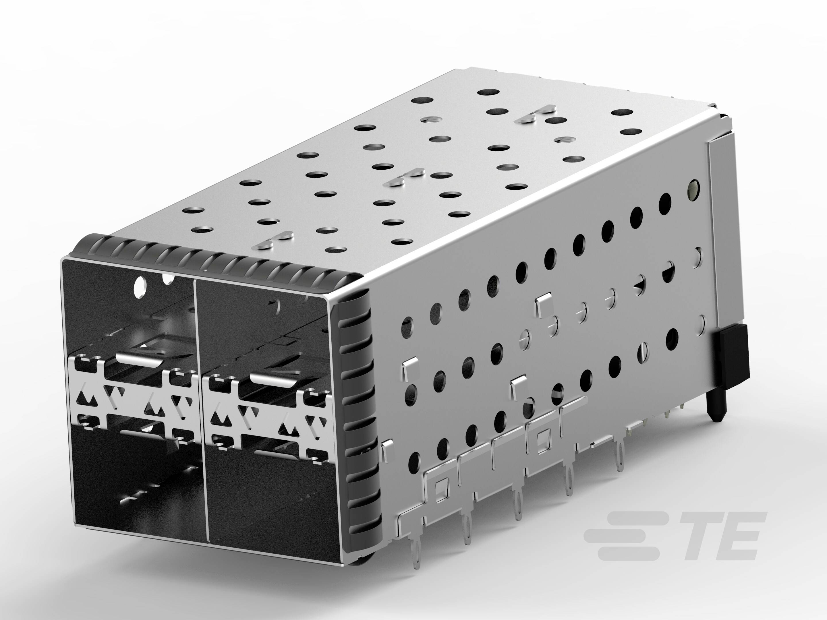 Modularny metalowy wtyk z wieloma gniazdami i licznymi otworami do połączeń elektronicznych.