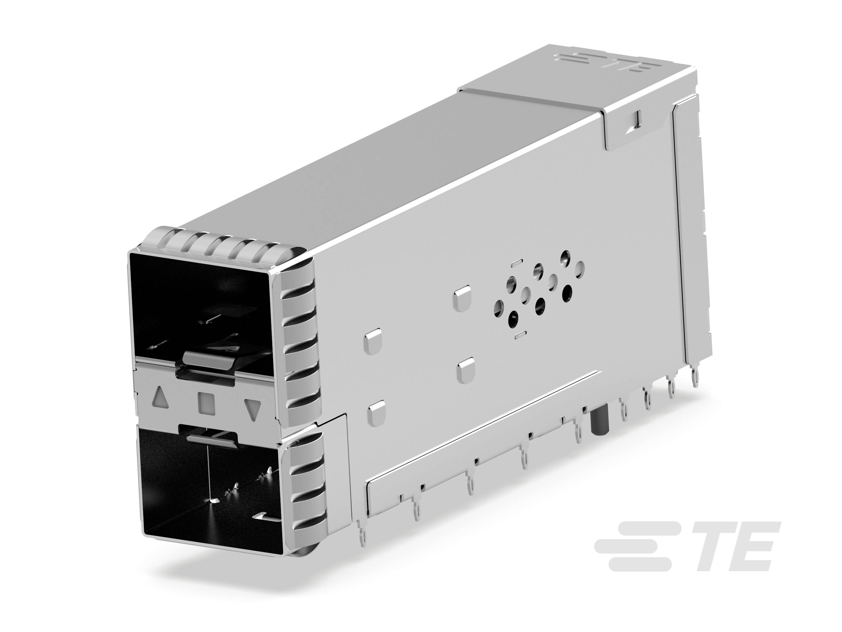 Srebrno-metalowy złącze o prostokątnym kształcie, posiadające wiele otworów i pinów, przeznaczone do zastosowań elektronicznych.