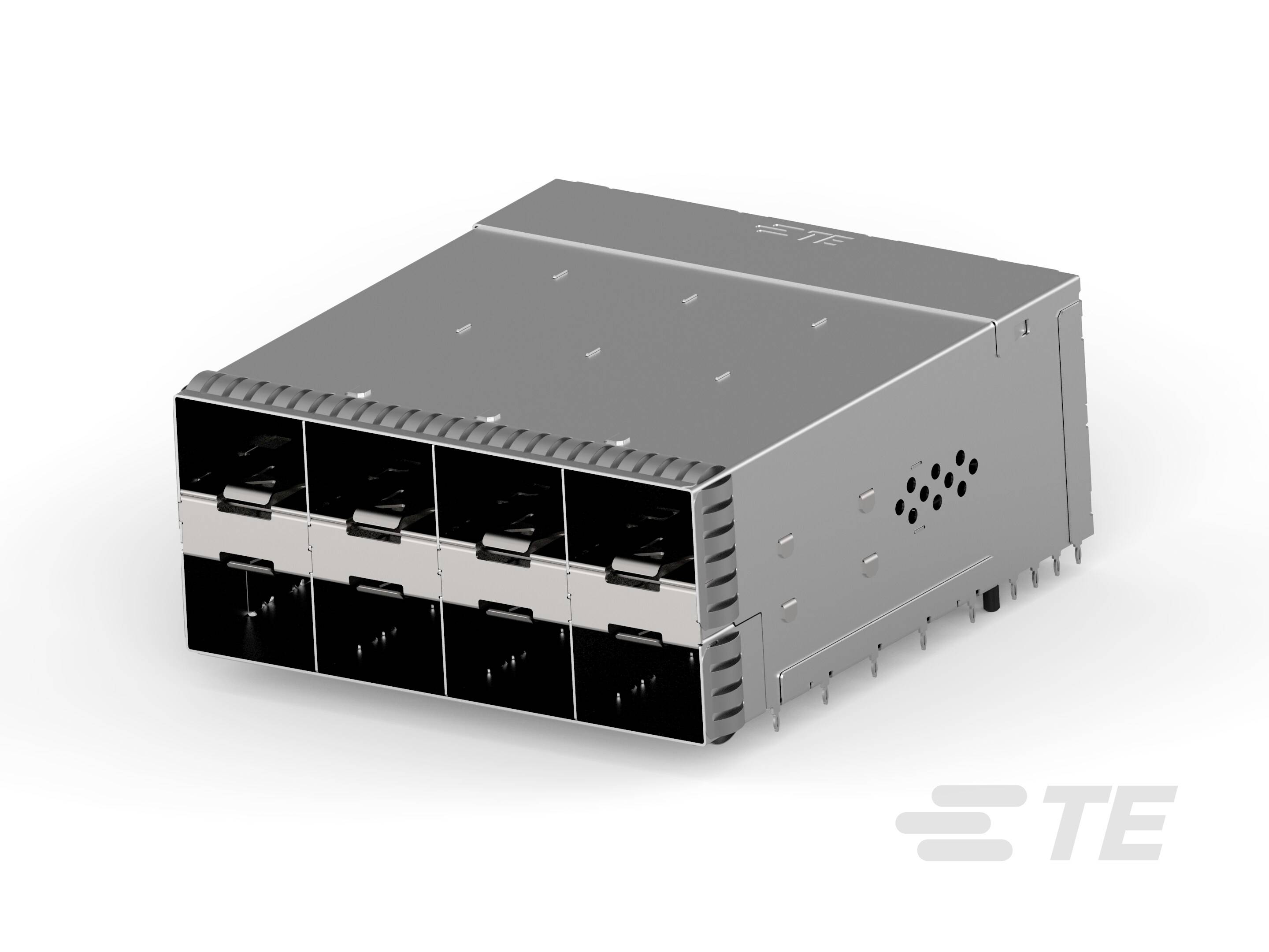 Moduł RJ45 firmy TE, wyposażony w wiele portów, stosowany w zastosowaniach sieciowych do przesyłania danych za pośrednictwem kabli Ethernet.