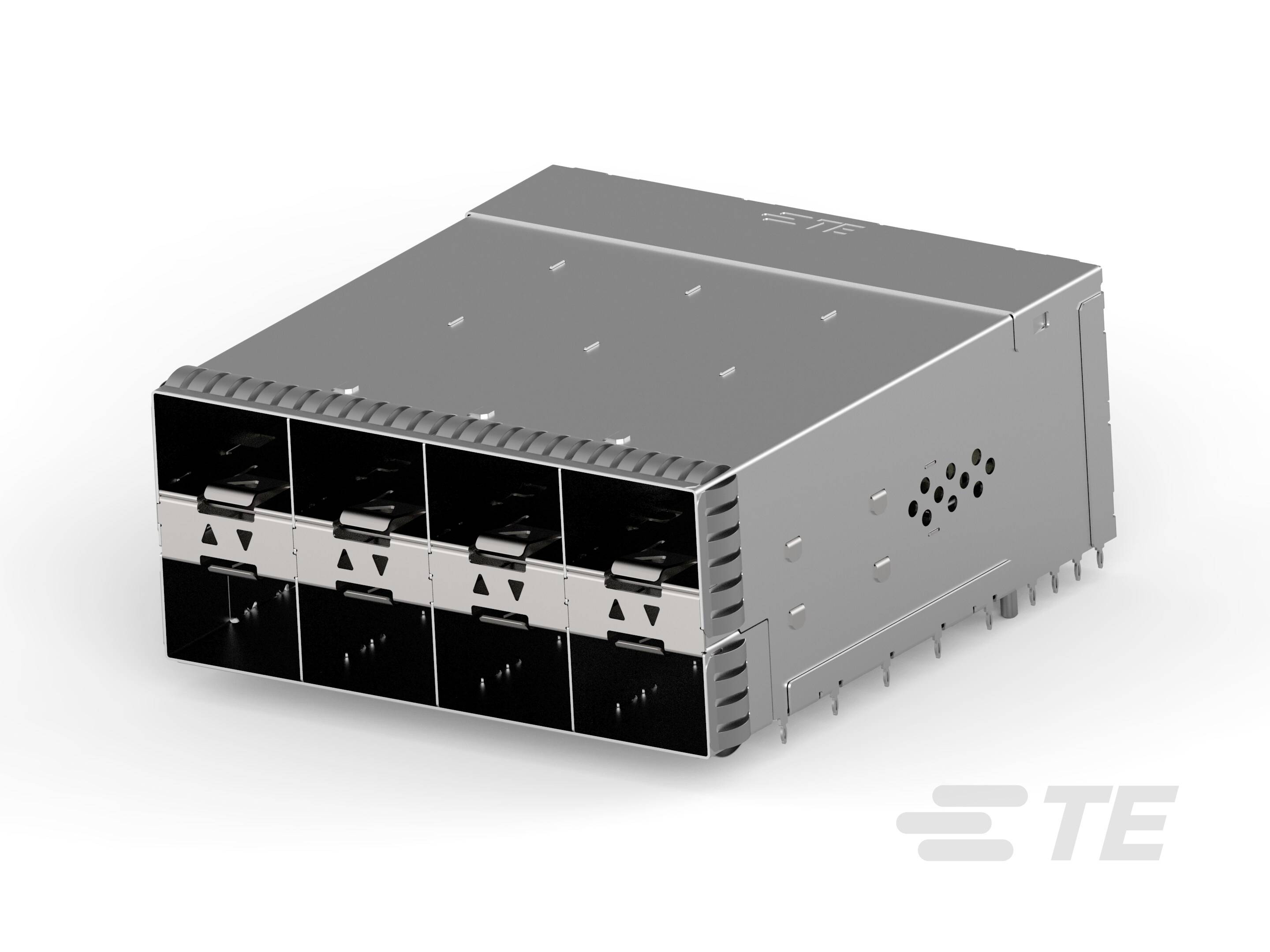Moduł połączenia Ethernet z sześcioma kwadratowymi portami, sfotografowany z boku, w srebrnej obudowie.