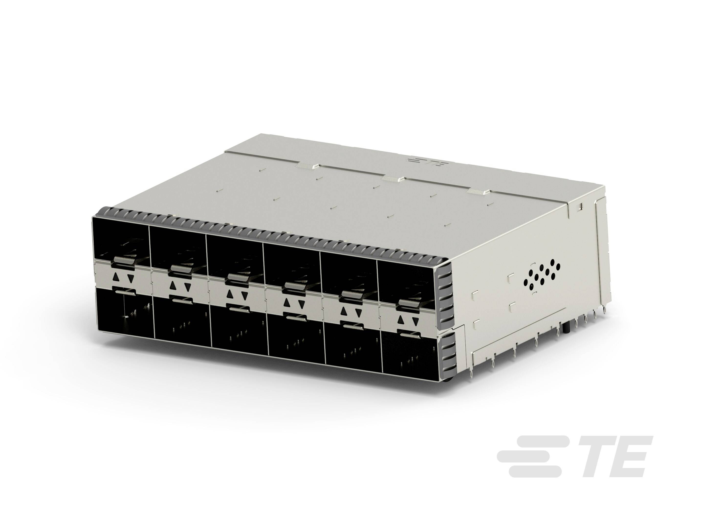 Metalowy moduł z ośmioma portami w dwóch rzędach. Wygląda na element urządzenia elektronicznego lub sieciowego.