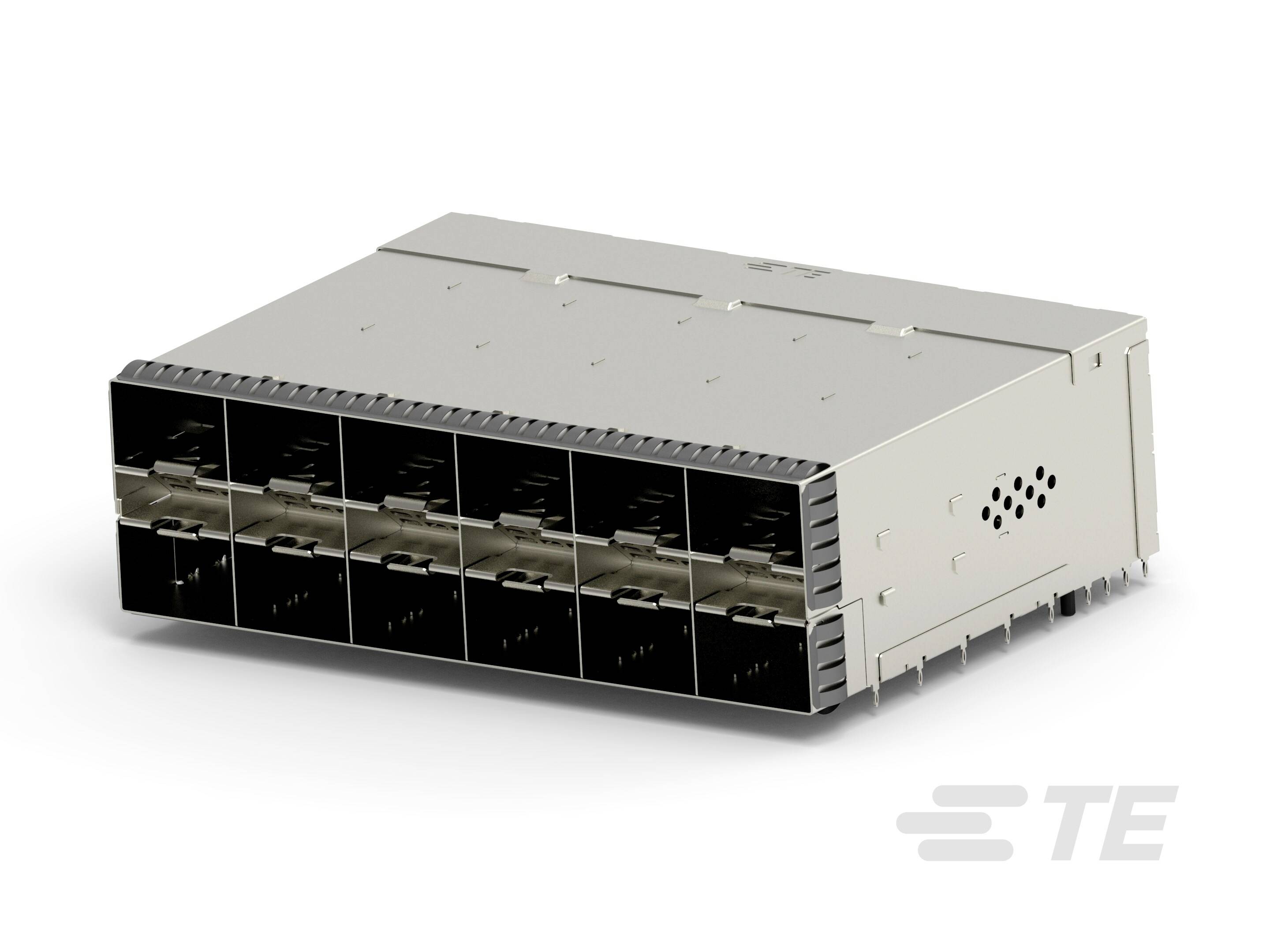 Metalowa obudowa z kilkoma prostokątnymi gniazdami na przedniej ściance, przeznaczona do zastosowań w elektronicznych połączeniach.