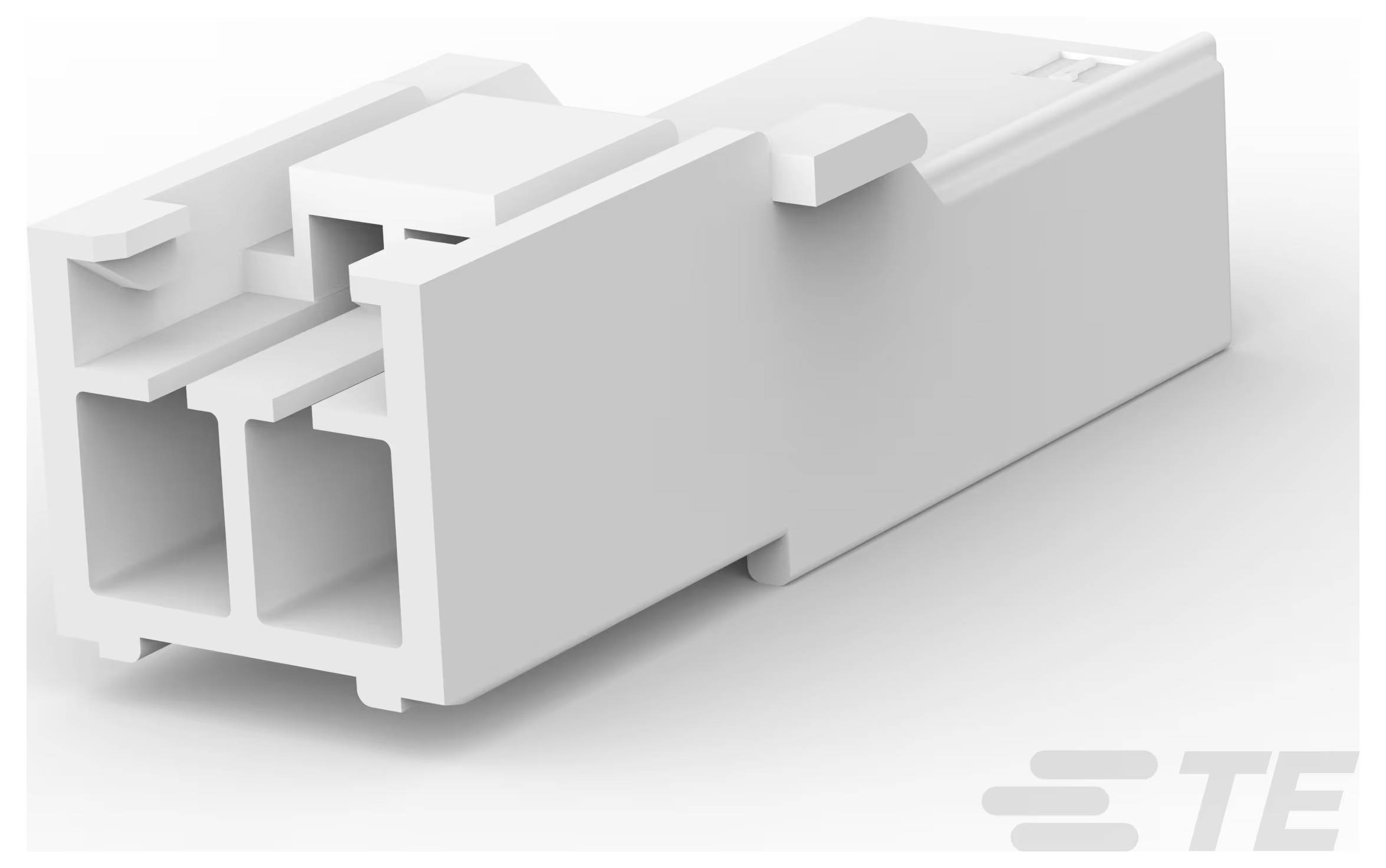 Biały prostokątny złącznik elektryczny z wieloma portami, wyświetlony pod kątem. Logo „TE" znajduje się w prawym dolnym rogu.