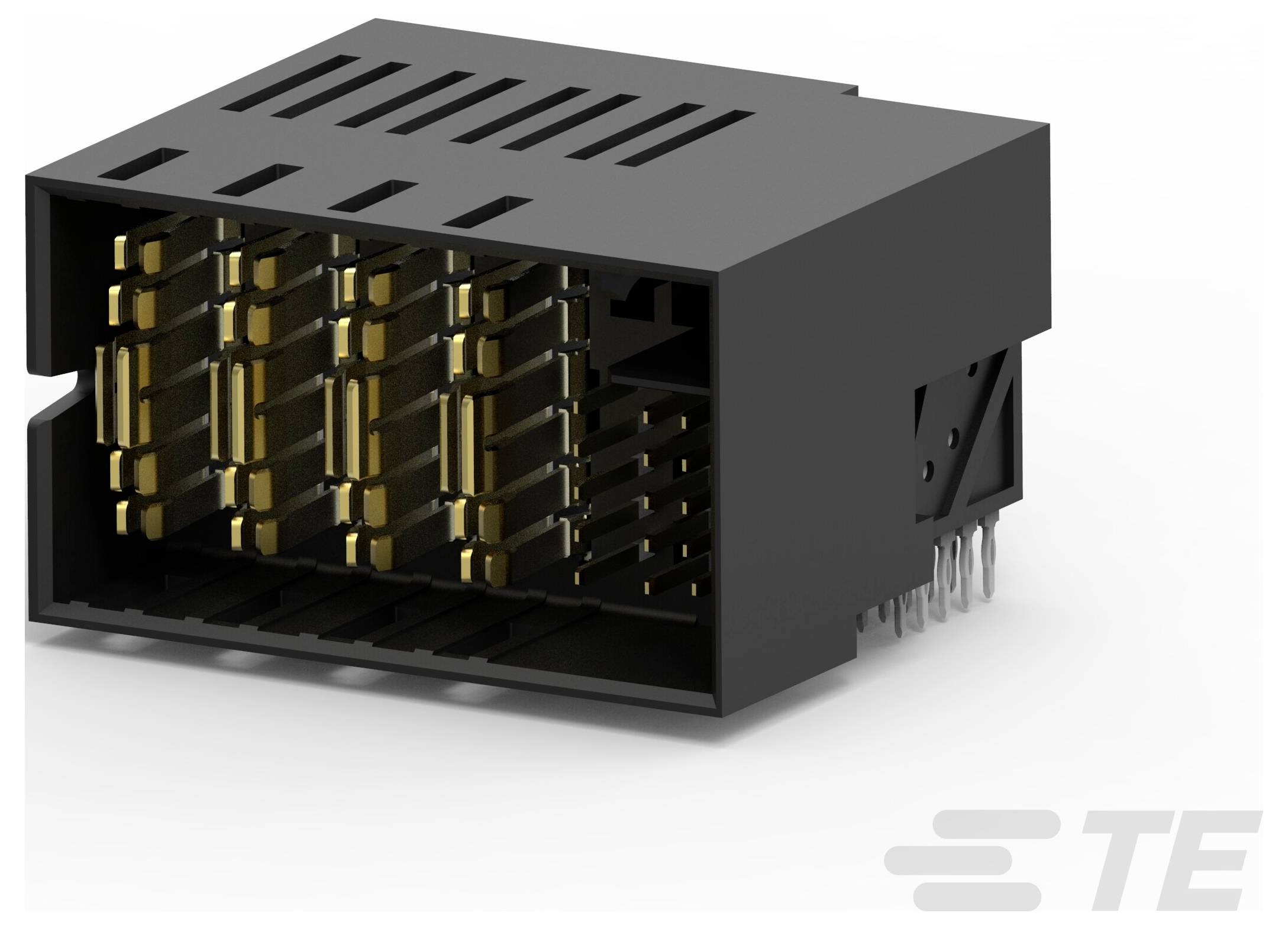 „Złącze TE Connectivity" - pokazujące czarny prostokątny komponent ze złotymi kontaktami, przeznaczony do urządzeń elektronicznych.