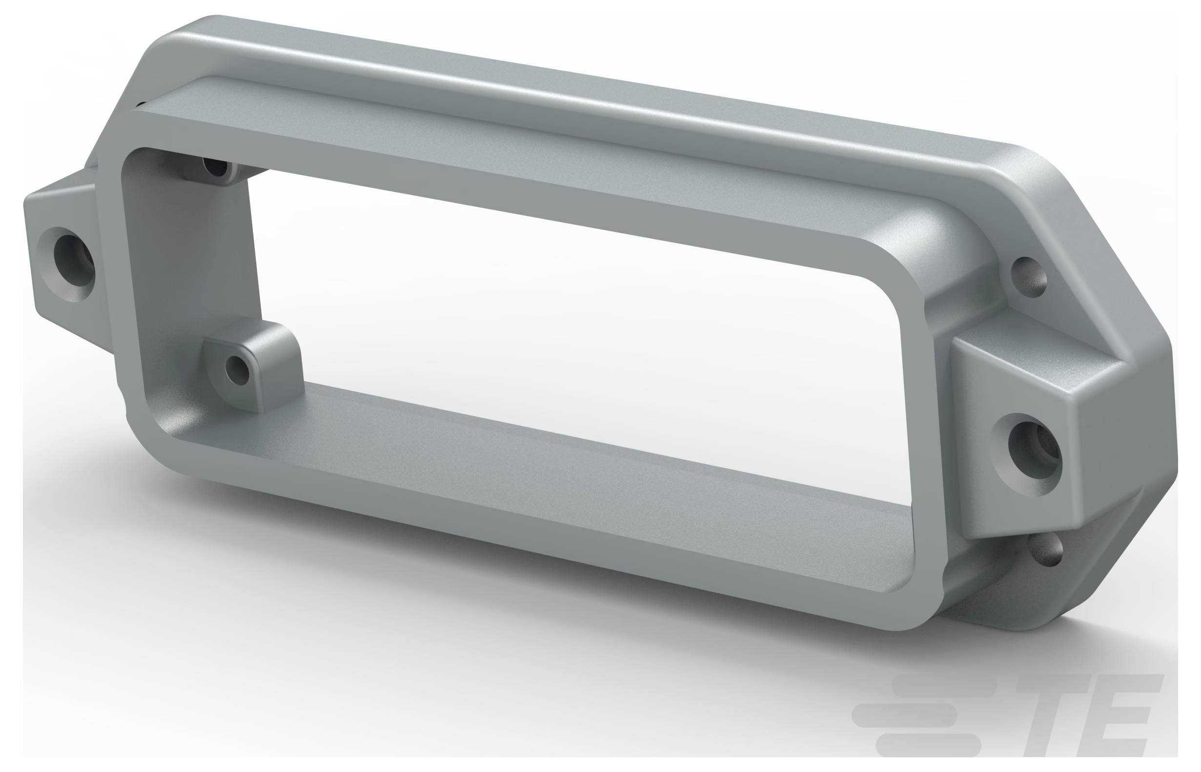 Prostokątna metalowa rama montażowa ze zaoblonymi krawędziami i otworami śrubowymi w każdym rogu, prawdopodobnie używana do zabezpieczenia komponentu elektronicznego.