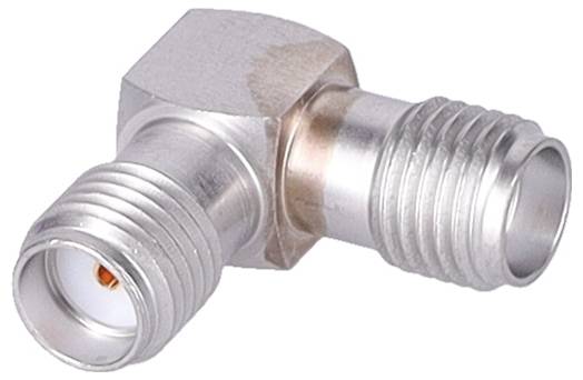 Adapter kątowy 90 stopni z metalową obudową, wyposażony w gwintowane złącza na obu końcach do podłączenia kabli RF.