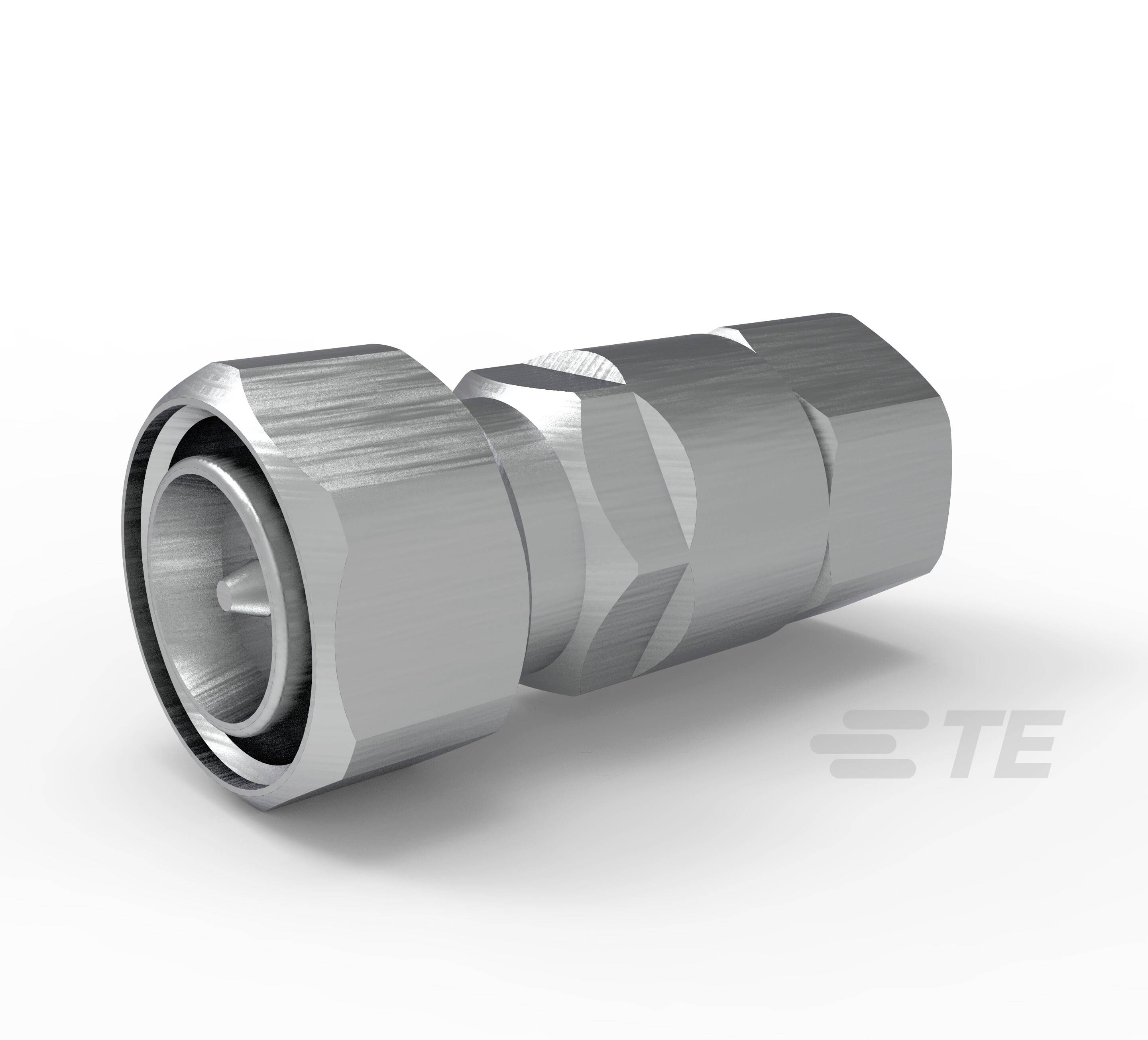 Metalowy adapter wtykowy na białym tle, odpowiedni do połączeń elektronicznych, z logo 'TE' po prawej stronie.
